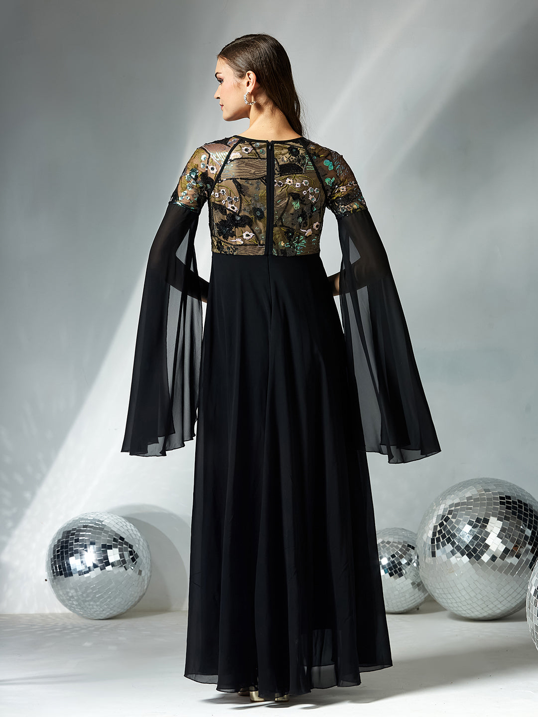 Women's Black Sweet-Heart Full Sleeve Embellished Slit Sleeve Maxi Georgette Dress