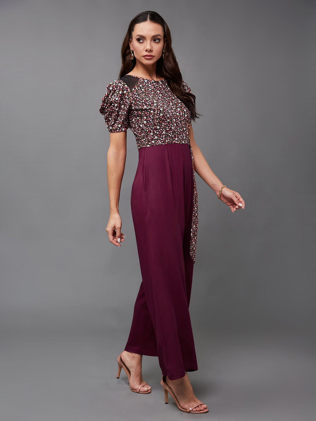 Women's Multicolored-Base-Wine Round Neck Cowl Sleeve Floral Wide-leg Viscose-Rayon Regular Length Jumpsuit