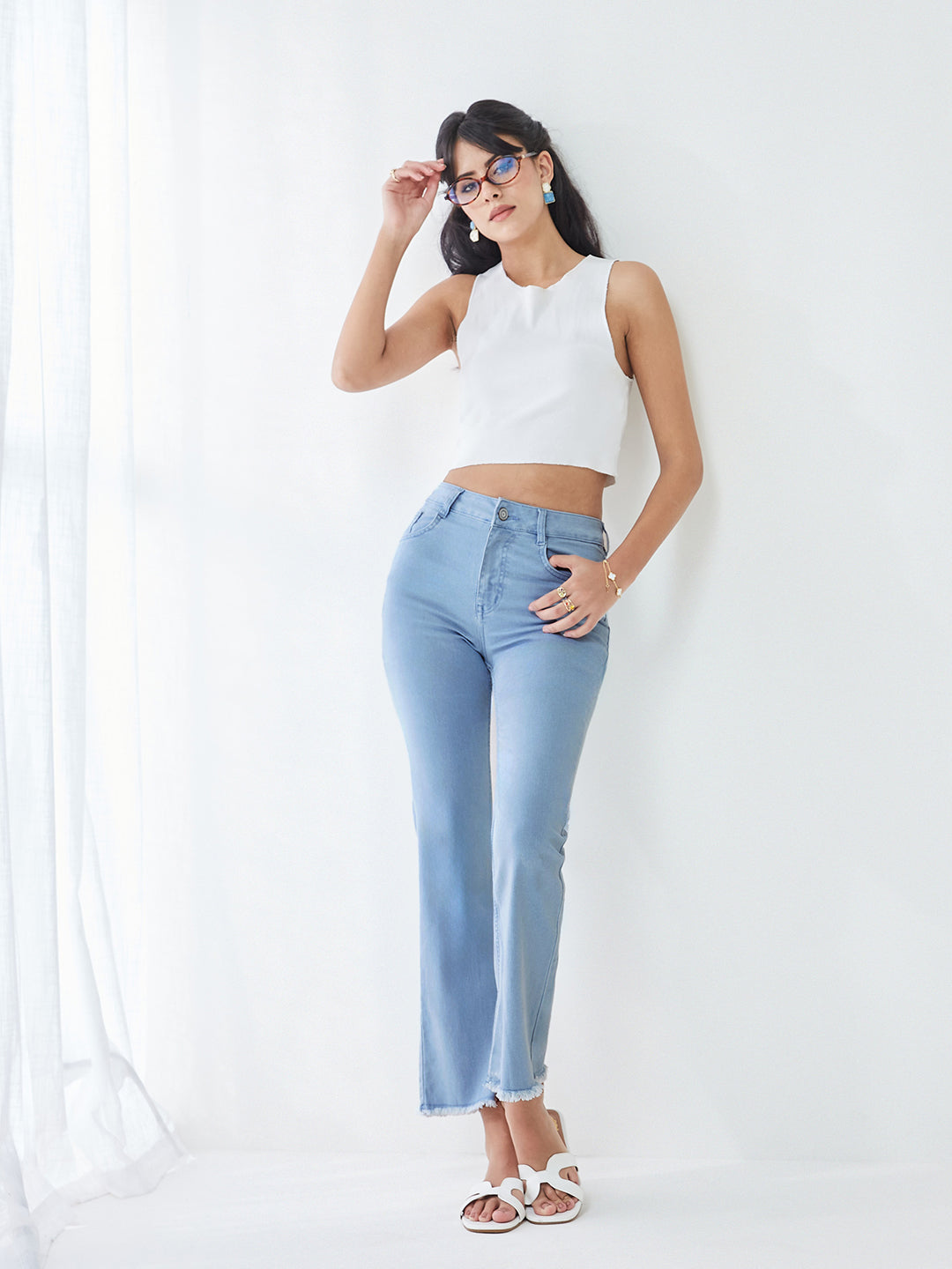 Light-Blue Bootcut High-Rise Cropped Denim Stretchable Jeans For Women