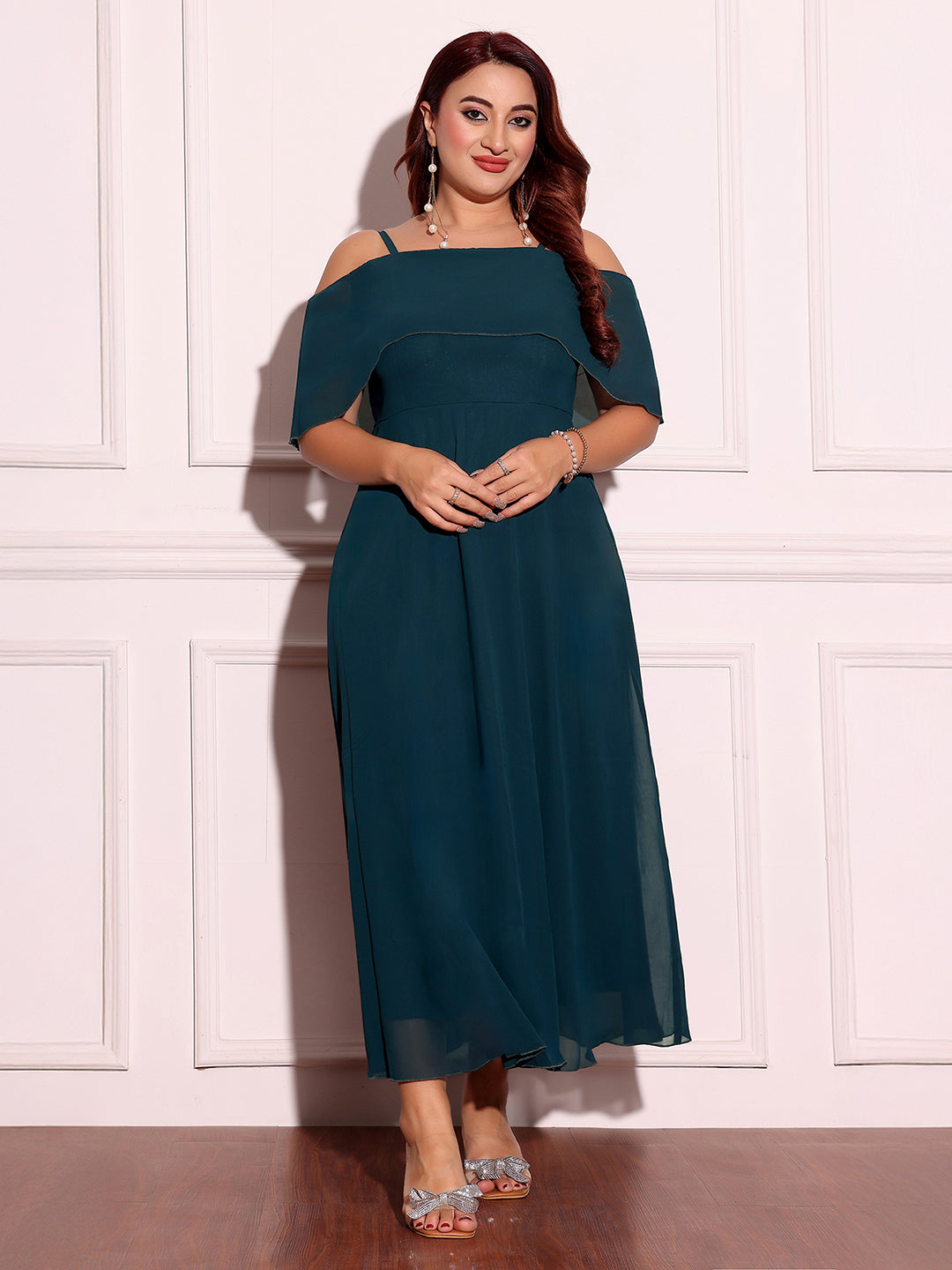 Women's Teal Bardot Style Sleeveless Spaghetti-Straps Solid Off-Shoulder Midi Skater Dress