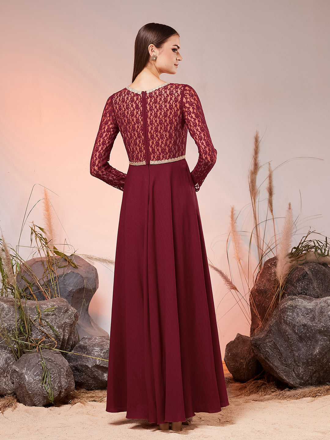 Women’s Maroon V-Neck Full-Sleeved Self-Design Fit & Flare Maxi Crepe Dress for Women