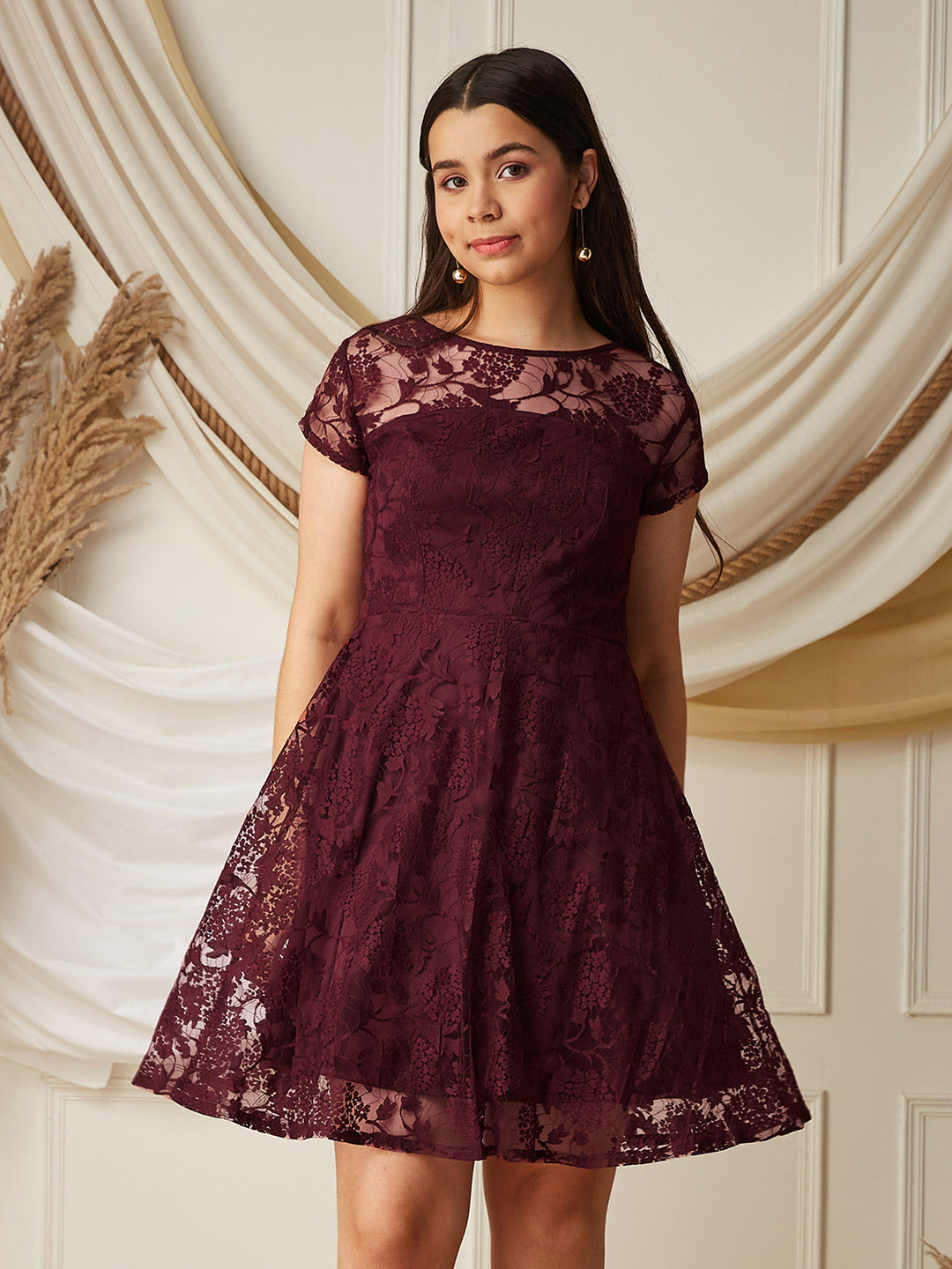 Wine Round Neck Cap Sleeves Low Back Lace Skater Dress for Girls/Teenagers for Women — Mizuki