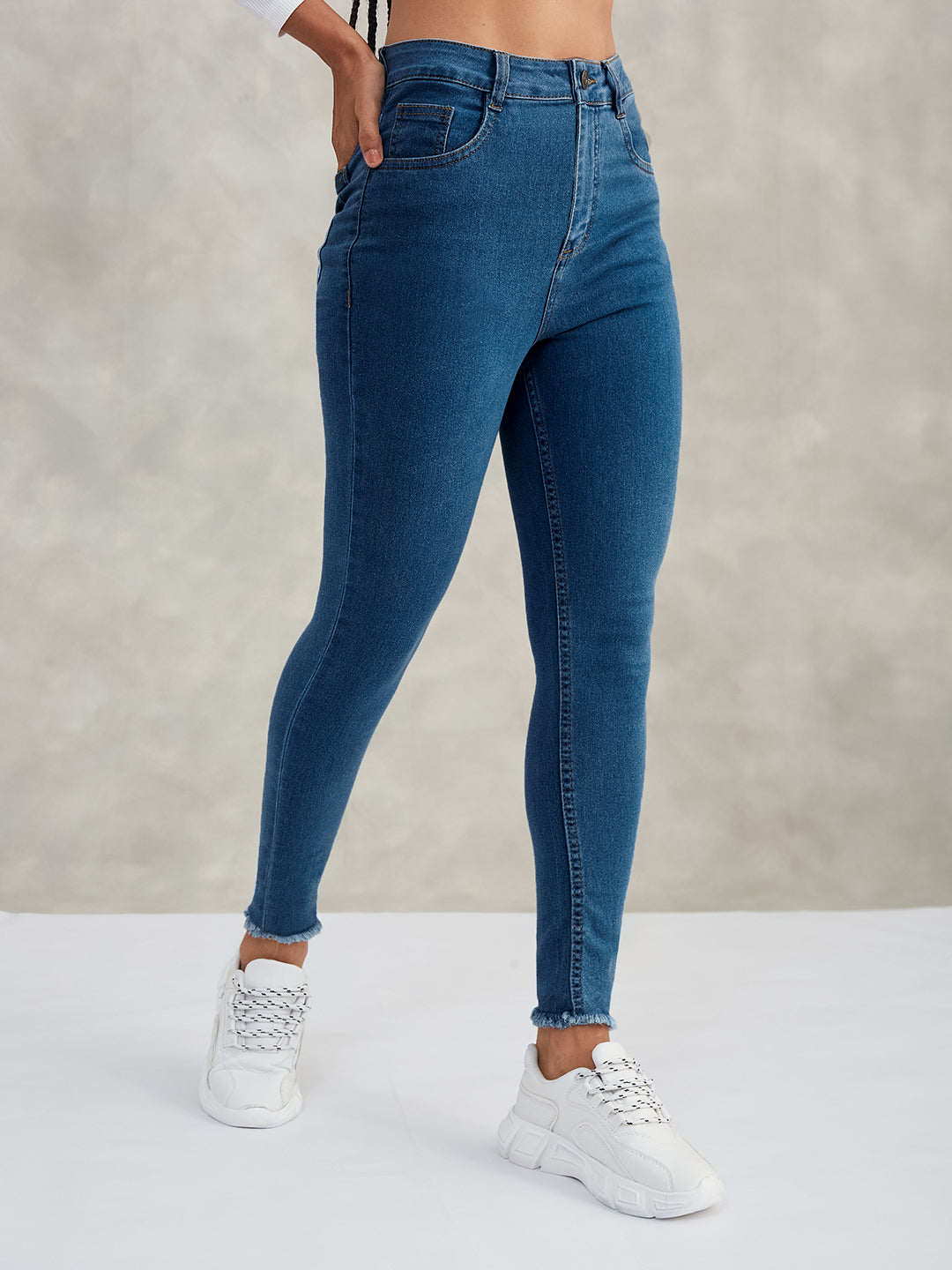 Women's Blue Skinny High-Rise Cropped-Length Fringe Detailing Stretchable Denim Jeans