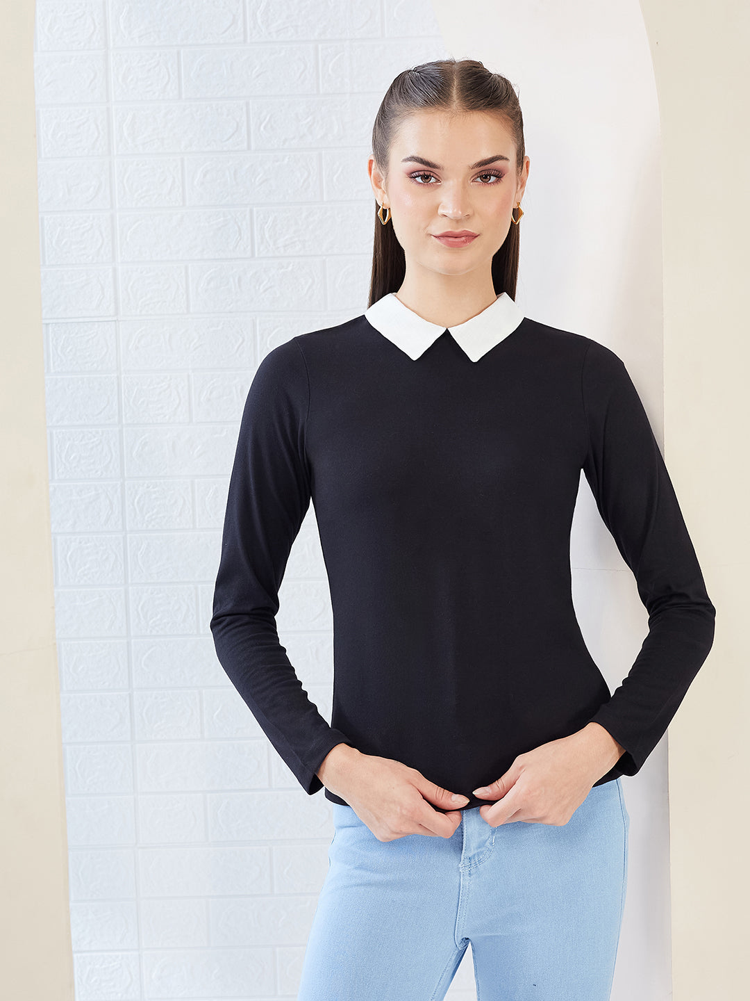 Black Collared Round Neck Full Sleeve Cotton Solid Buttoned Top for Women