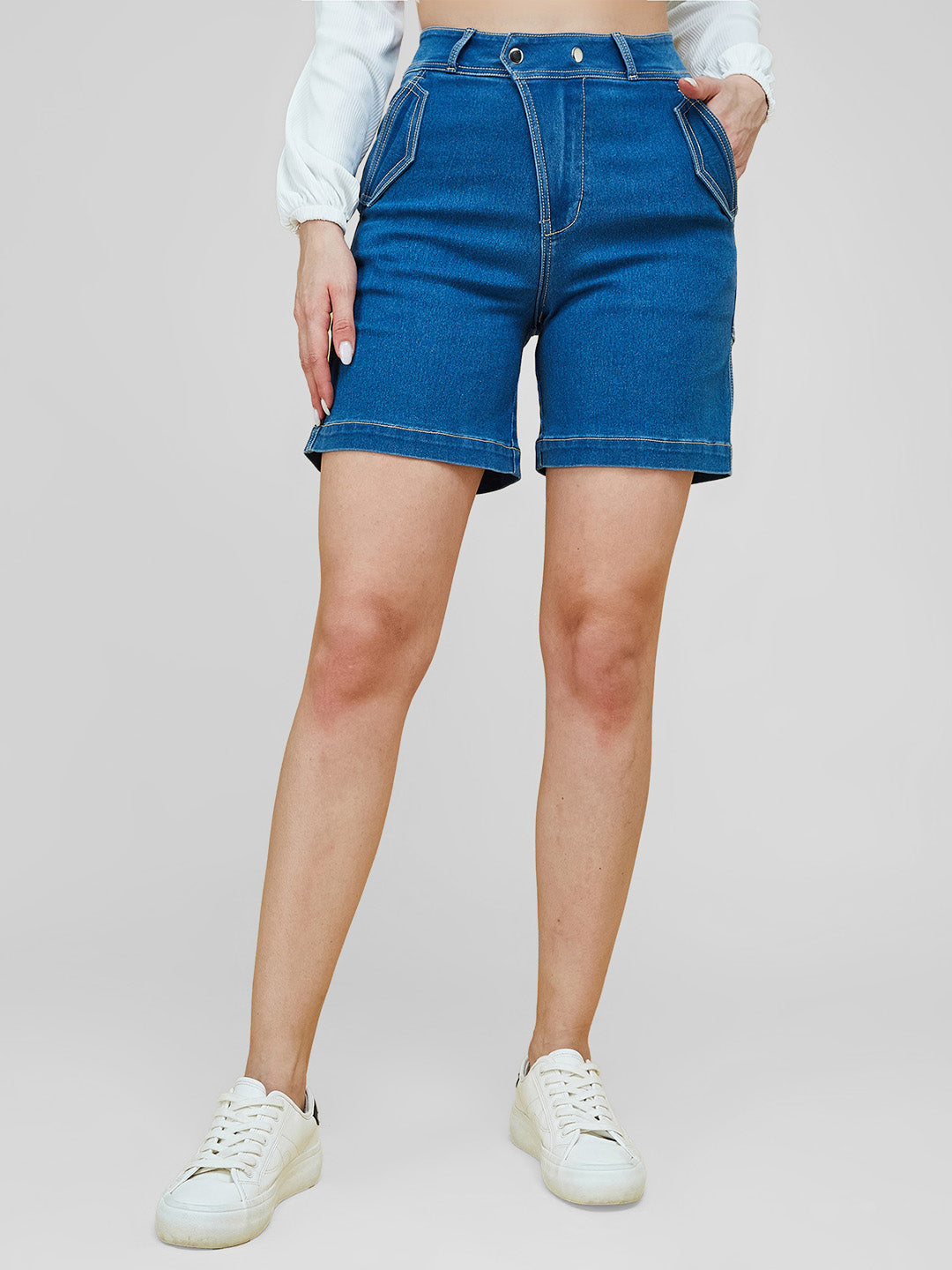 Relaxed-Fit Mid-Rise Clean-Look Stretchable Blue Denim Bermuda Shorts for Women