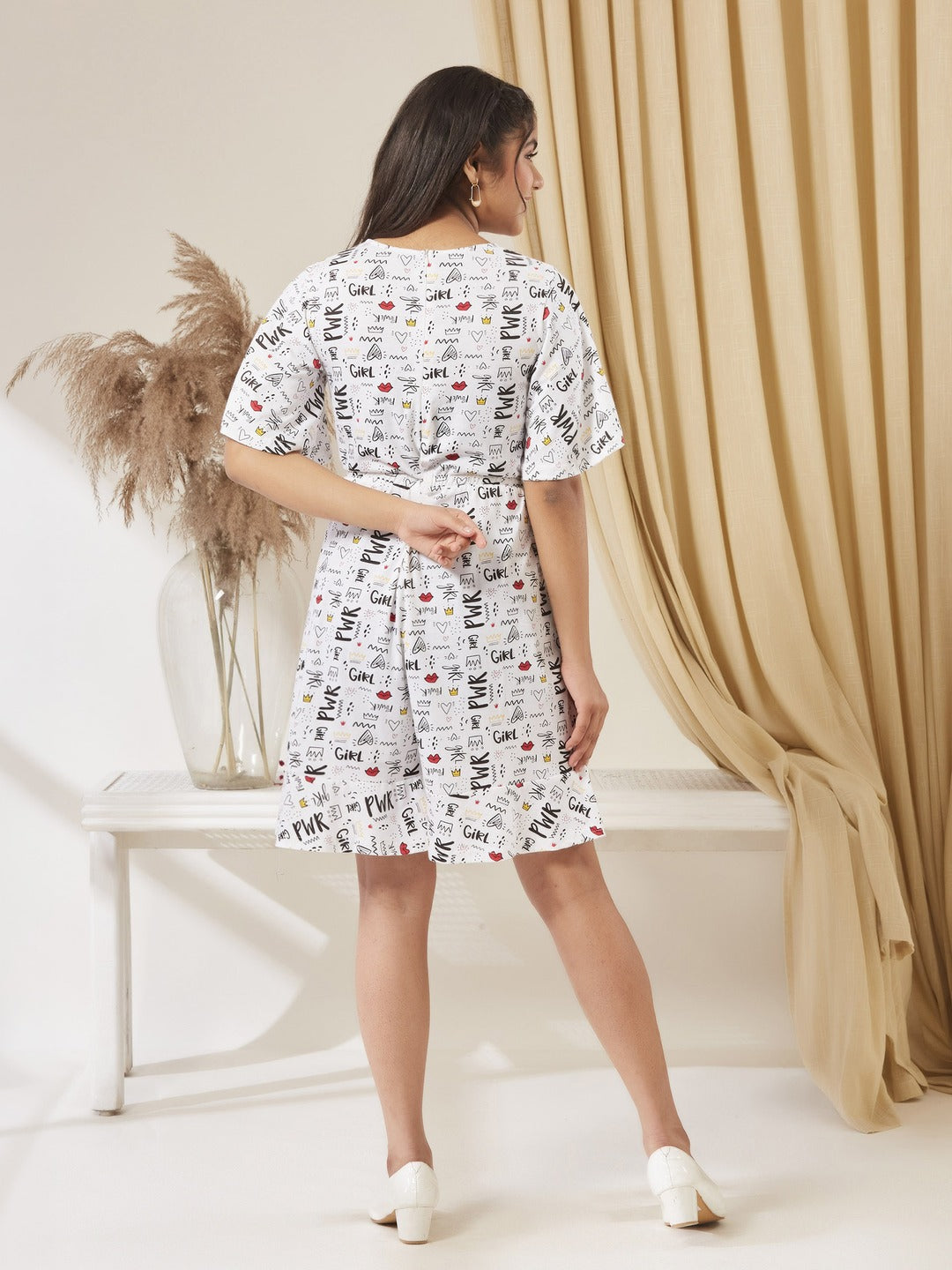 White V-Neck Half-Sleeve Conversational-Printed Wrap Knee-Long Cotton Playsuit for Girls/Teenagers