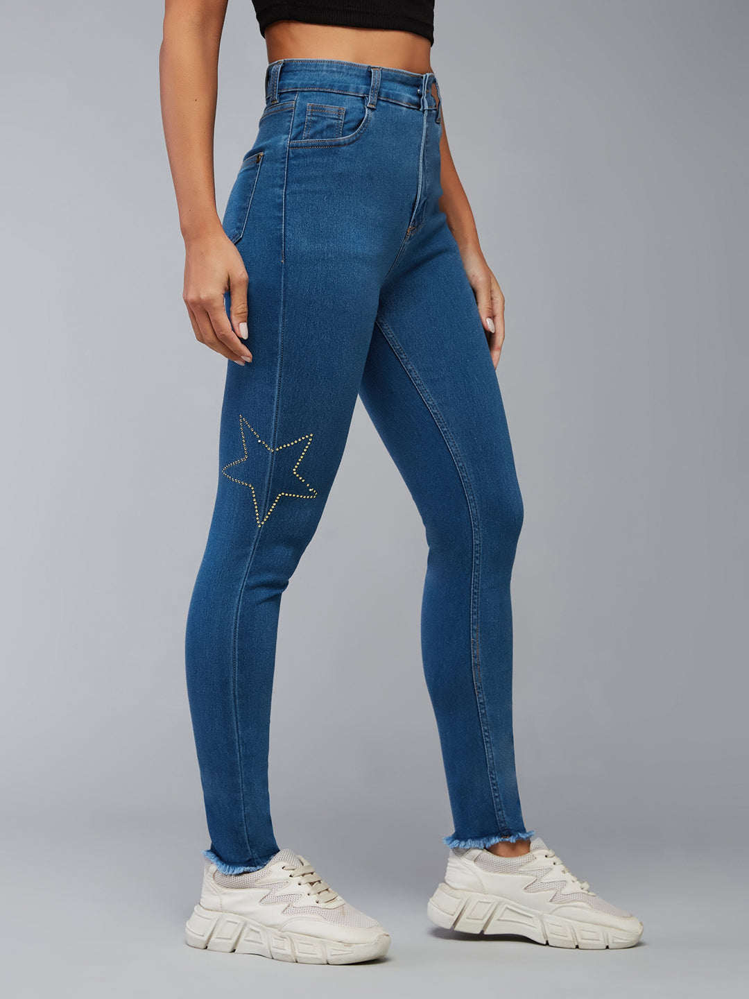 CHASEstretch™ Blue Skinny High-Rise Cropped-Length Embellished Fringe Detailing Stretchable Denim Jeans