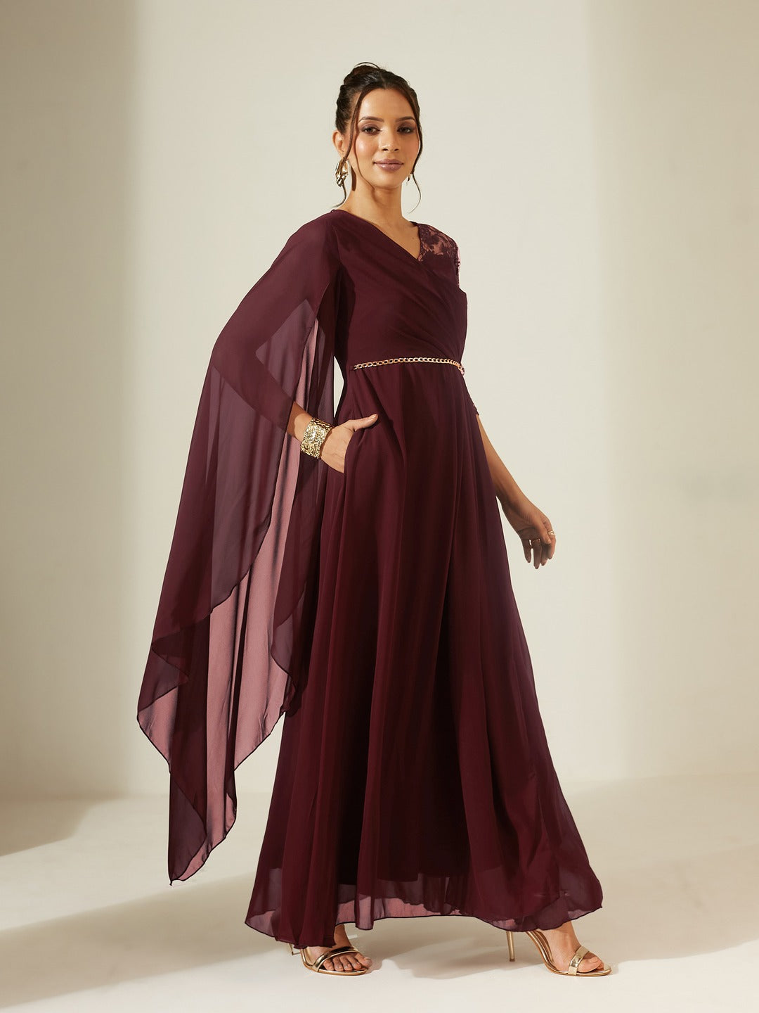 Wine V-Neck Three-Quarter Sleeve Self-Designed Asymmetric Georgette Maxi Dress for Women