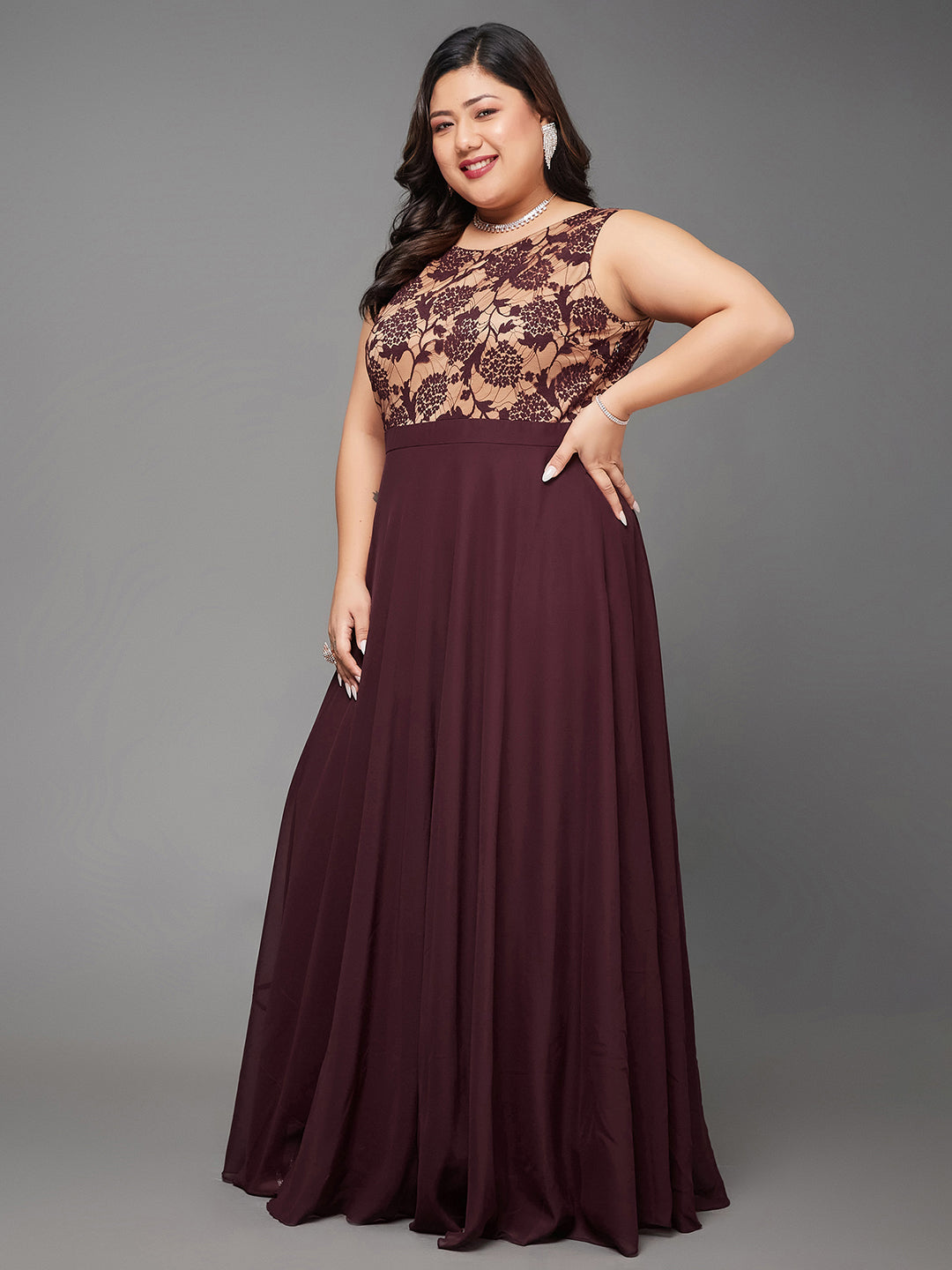 Beige & Wine Round Neck Sleeveless Georgette Floral Lace Fit & Flare Maxi Dress for Women