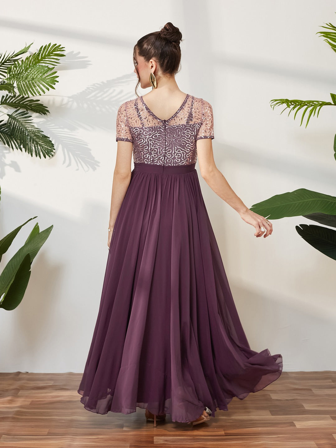 Mauve Relaxed Fit Maxi Georgette & Sequins Dress for Women