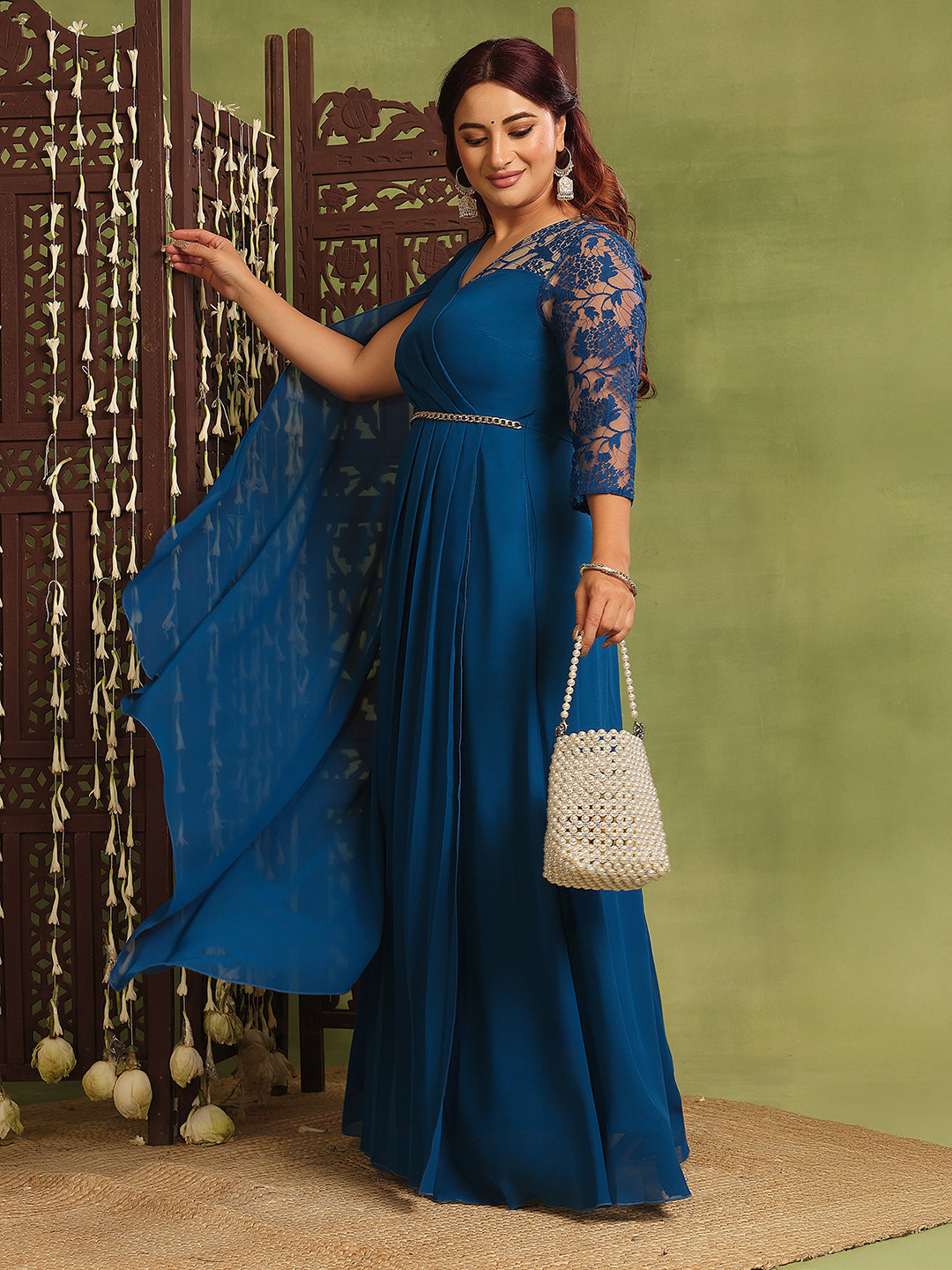 Royal Blue Assymetric Long Sleeves Lace Maxi Dress for Women