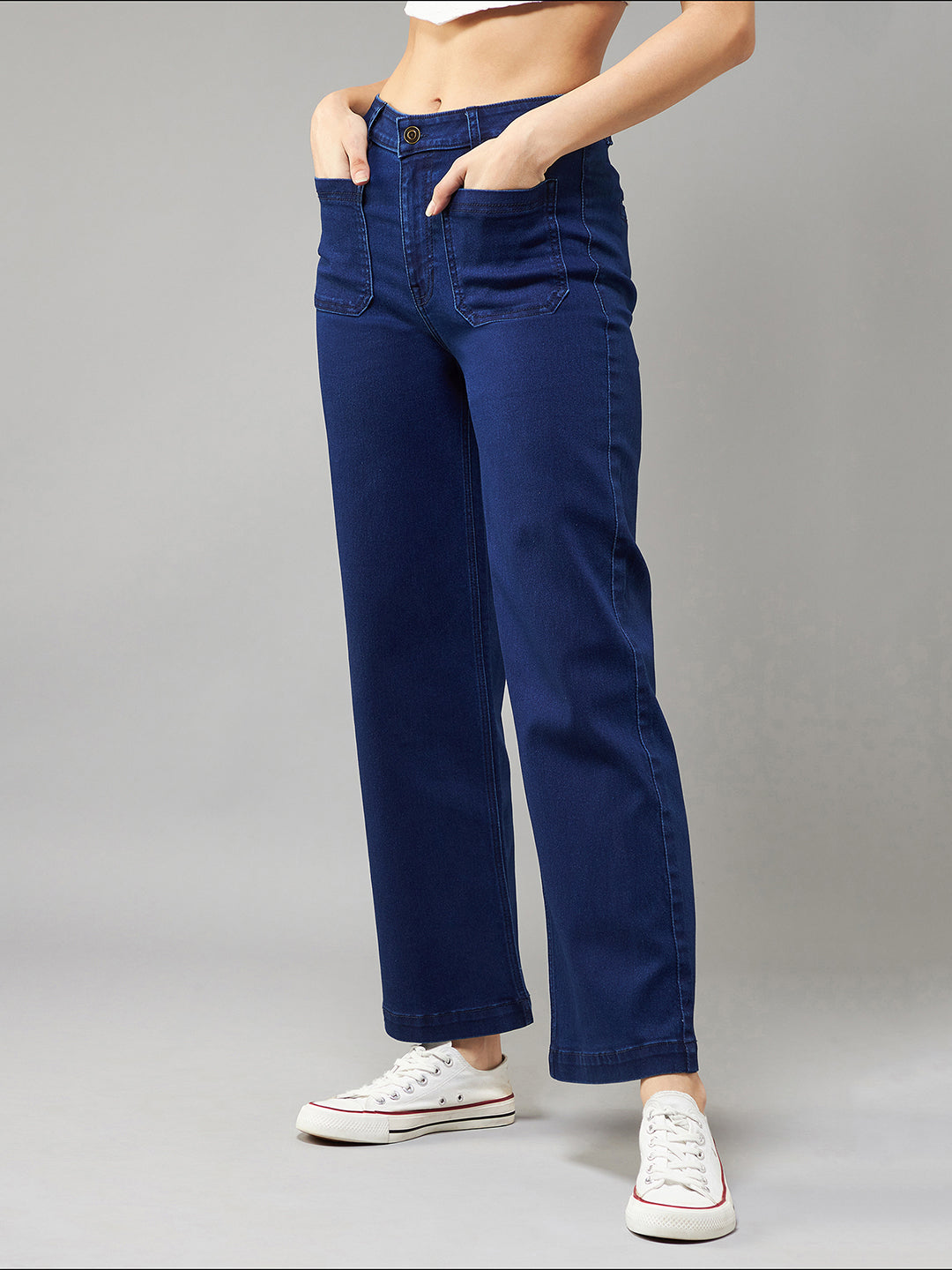 Women's Navy-Blue Flared High-Rise Stretchable Denim Jeans