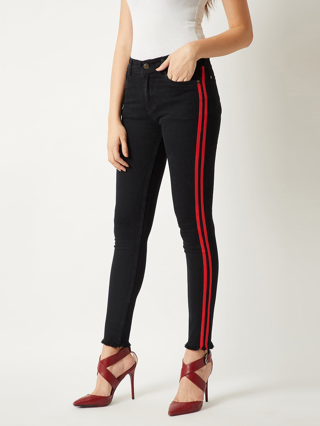 Women's Black Slim-Fit High-Rise twill Tape Detailing Stretchable Denim Jeans