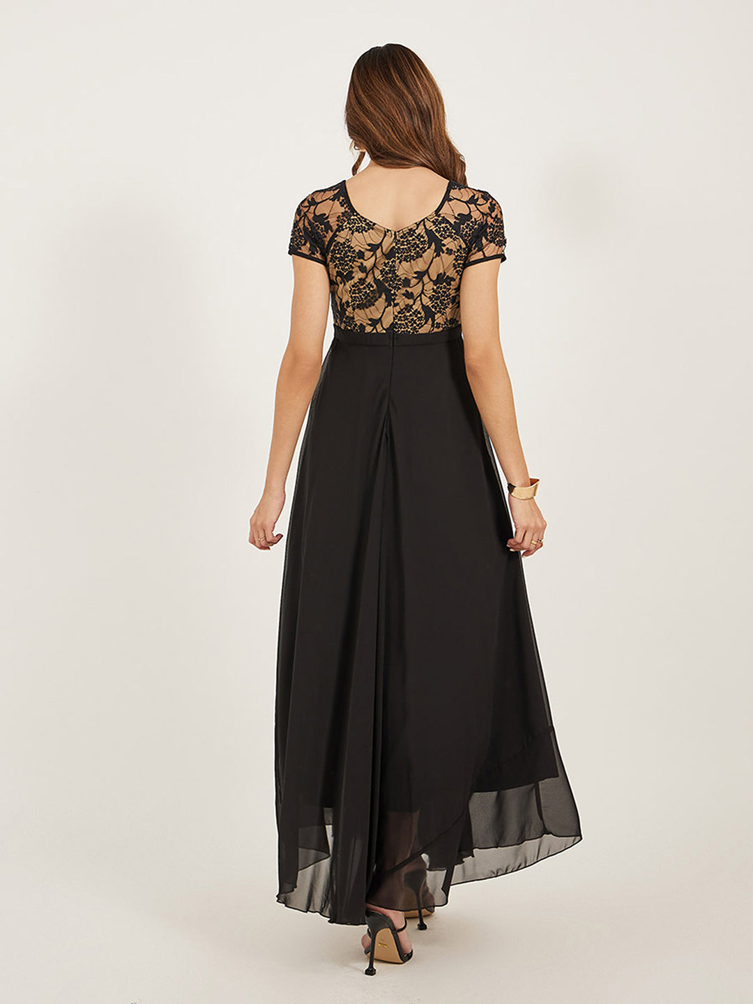 Women's Black Square Neck Raglan Short Sleeve Self Design Lace Overlaid Georgette Maxi Dress