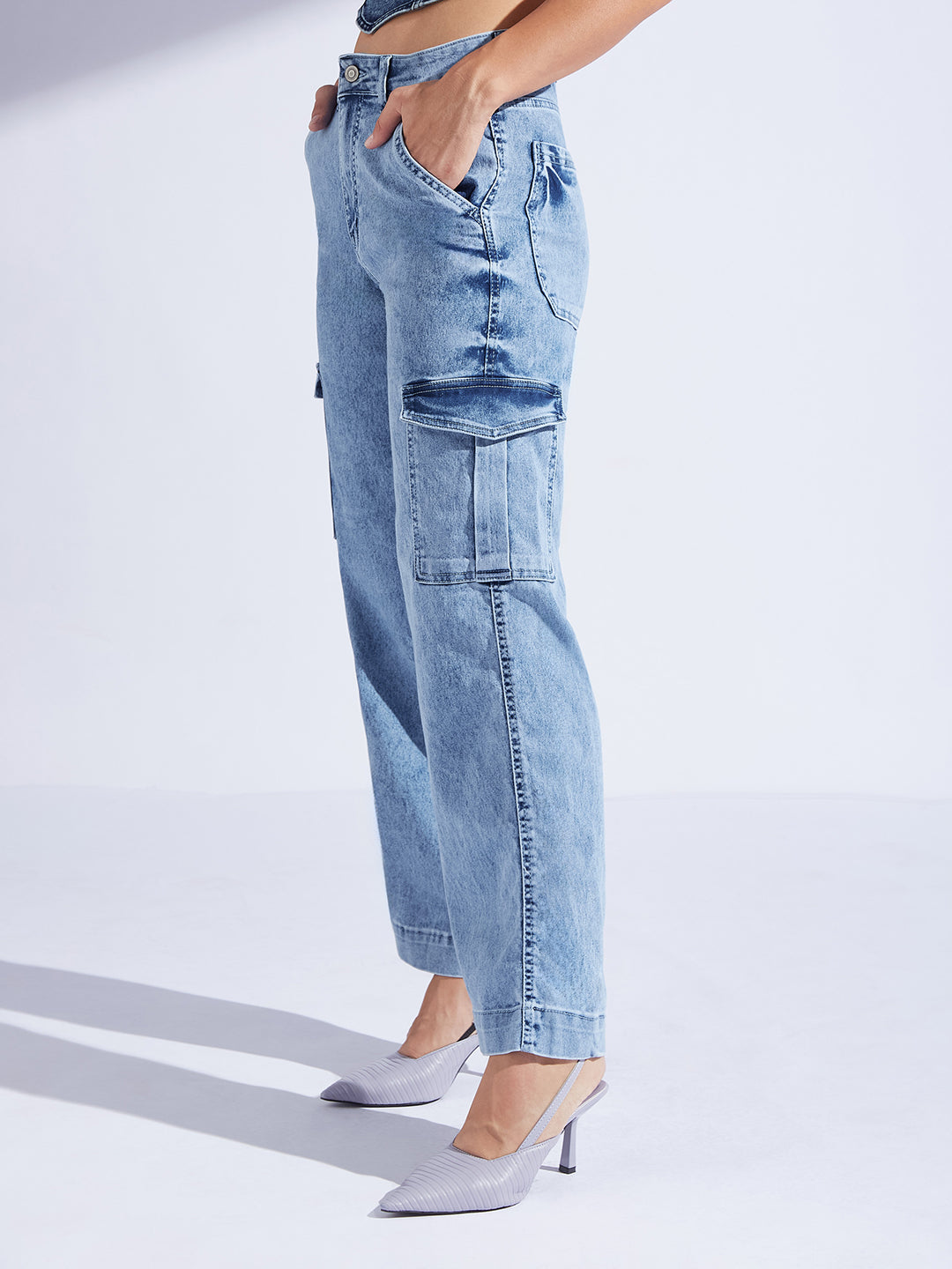 Women's Light Blue Wide-Leg High-Rise Stretchable Flared Cargo-Style Denim Jeans