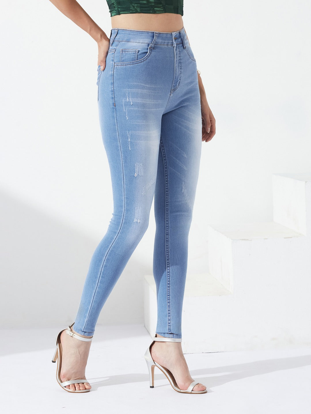 Blue High-Rise Mildly-Distressed Stretchable Denim Skinny Jeans for Women