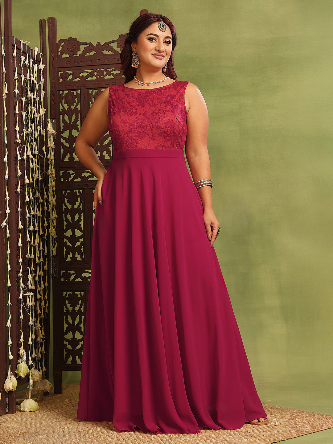 Dark Pink & Rust Boat Neck Sleeveless Self Design Lace Overlaid Regular Dress for Women