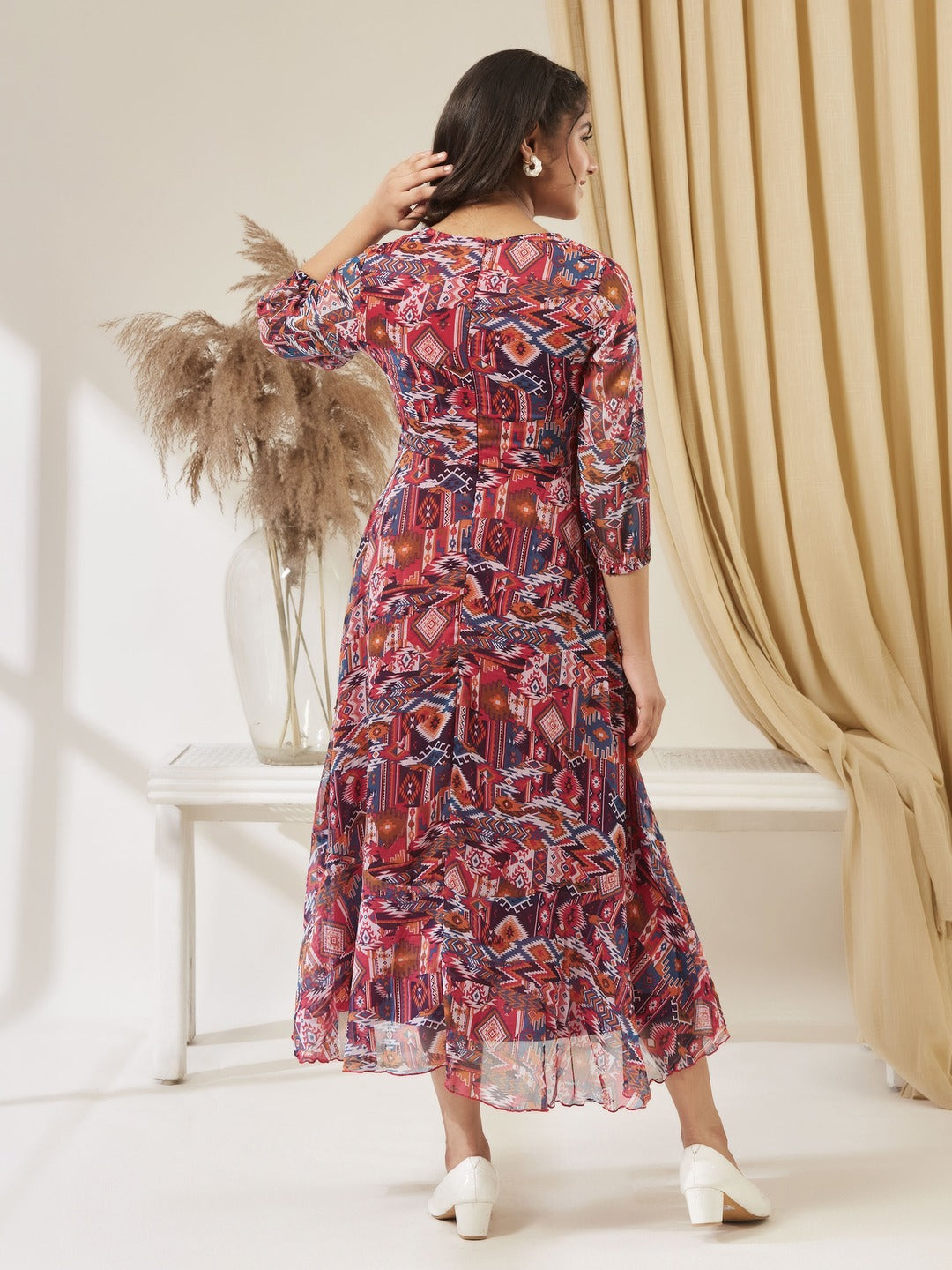 V-Neck Three-Quarter Sleeve Geometric Patterned Wrap Midi Chiffon Dress for Girls/Teenagers