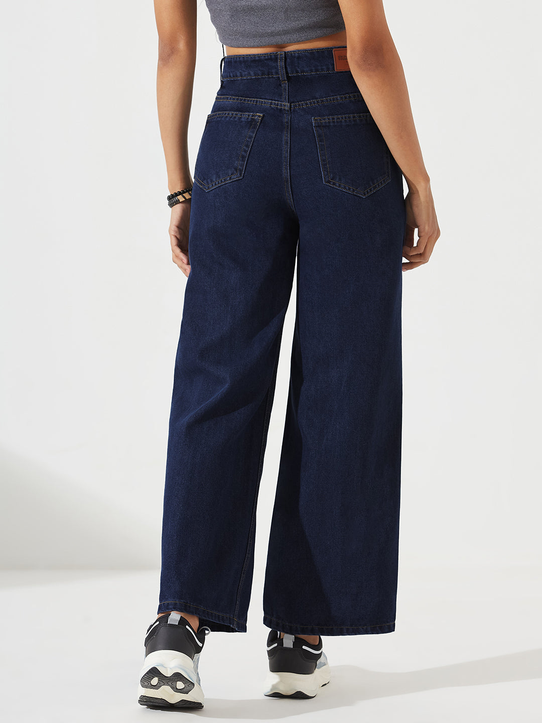 Navy Blue Wide-Leg High-Rise Non-stretchable Denim Jeans For Women