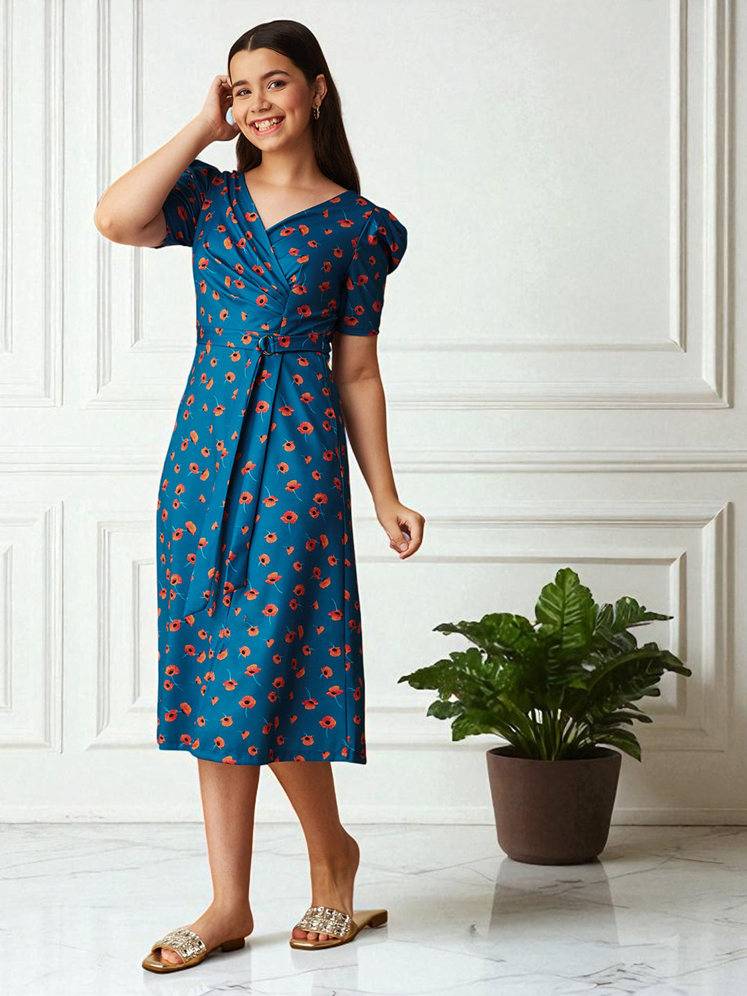 Multicolored-Base-Blue V-Neck Pleated Puff Sleeve Floral Patterned Wrap Midi Polyester Dress for Girls/Teenagers for Women — Mizuki