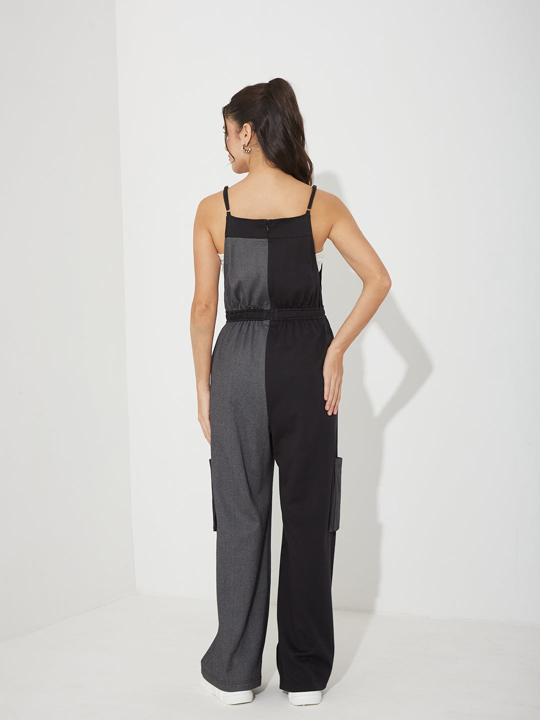 Black & Grey Square Neck Sleeveless Dual Tone Full Length Cotton Dungaree for Women