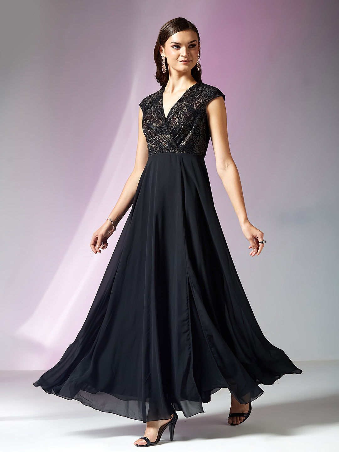 Black Extended Shoulder Embellished Georgette Maxi Dress for Women