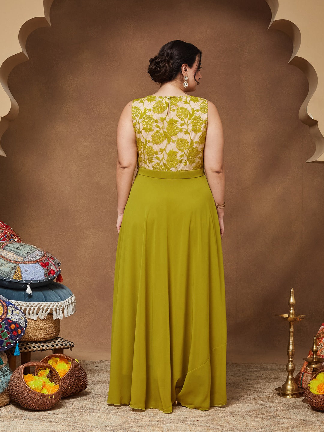 Lemon Green Round Neck Sleeveless Georgette Floral Lace Fit & Flare Maxi Dress for Women — Miss Chase A+