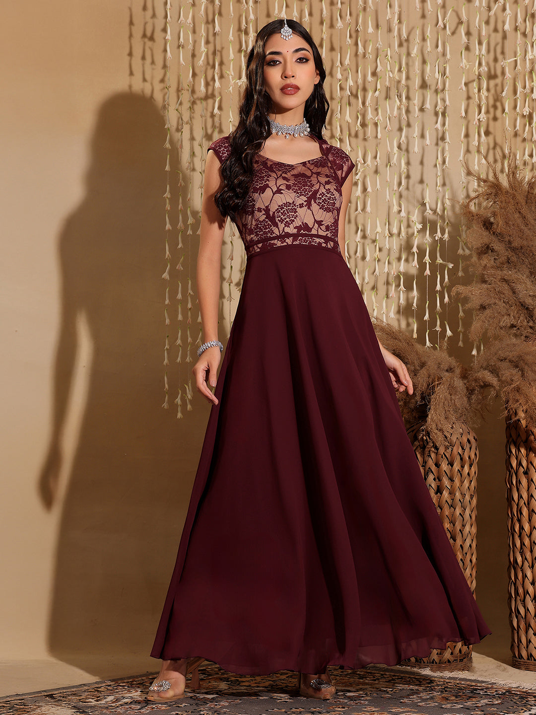 Women's Wine & Beige Floral V - Neck Cap Short Sleeves Lace Overlaid Fit & Flare Paneled Maxi Dress