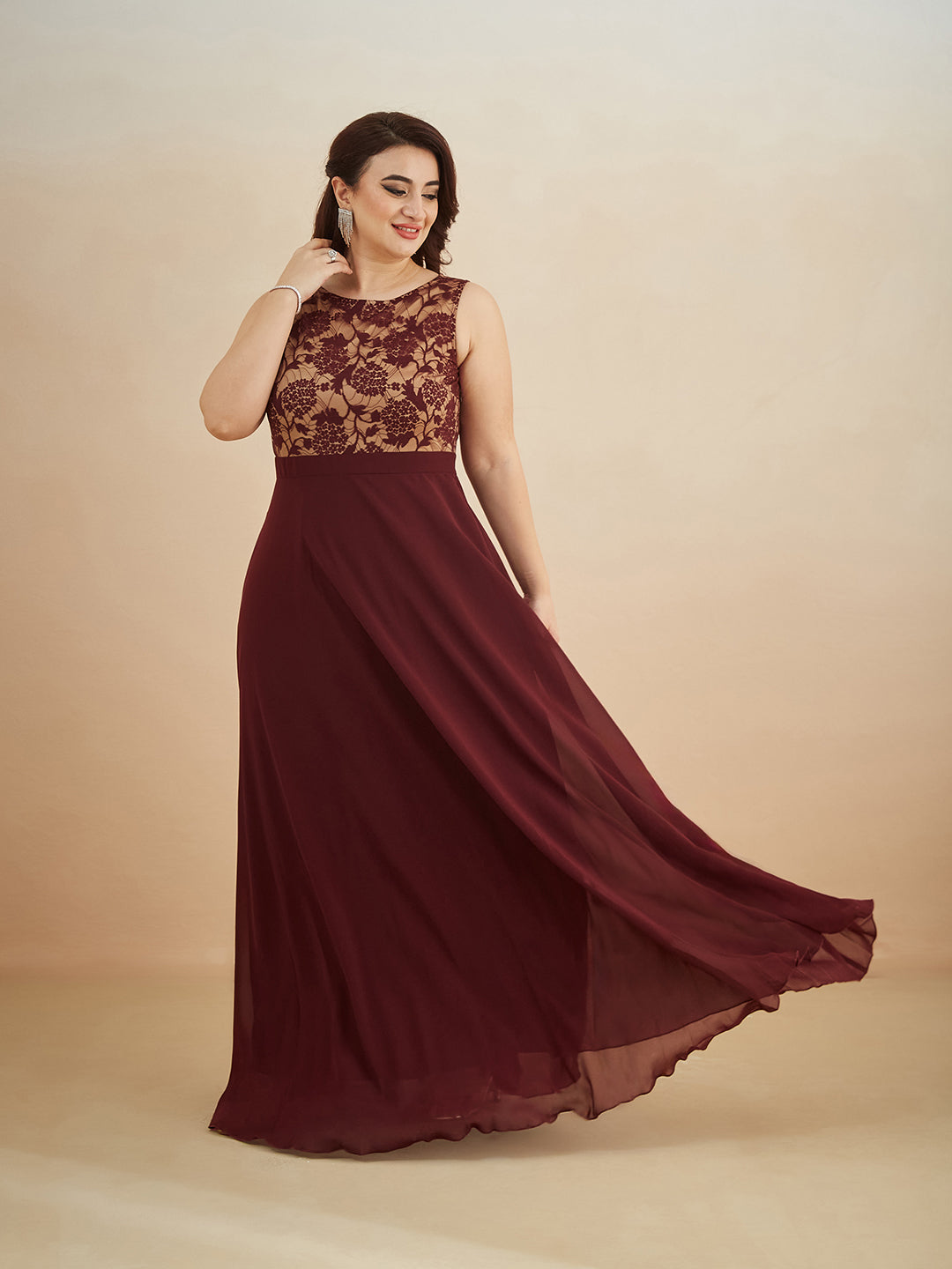 Beige & Wine Round Neck Sleeveless Georgette Floral Lace Fit & Flare Maxi Dress for Women