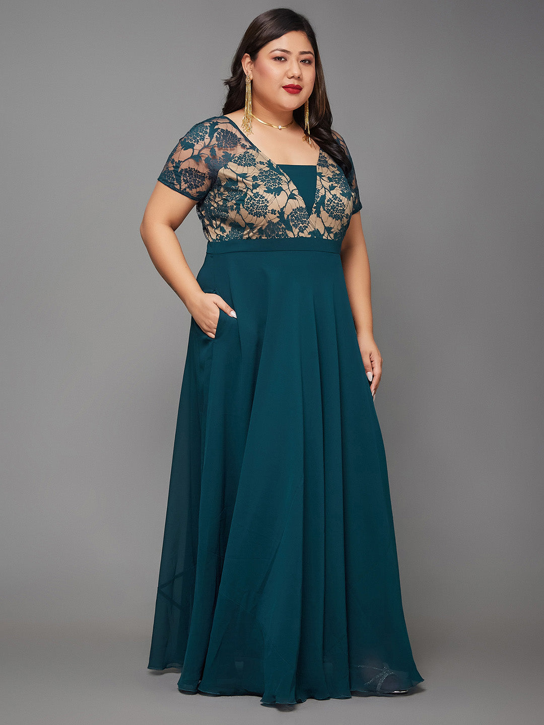 Teal Short Sleeves Lace Fit and Flare Maxi Dress Long Dress Gown for Women | Mehendi to Sangeet Collection