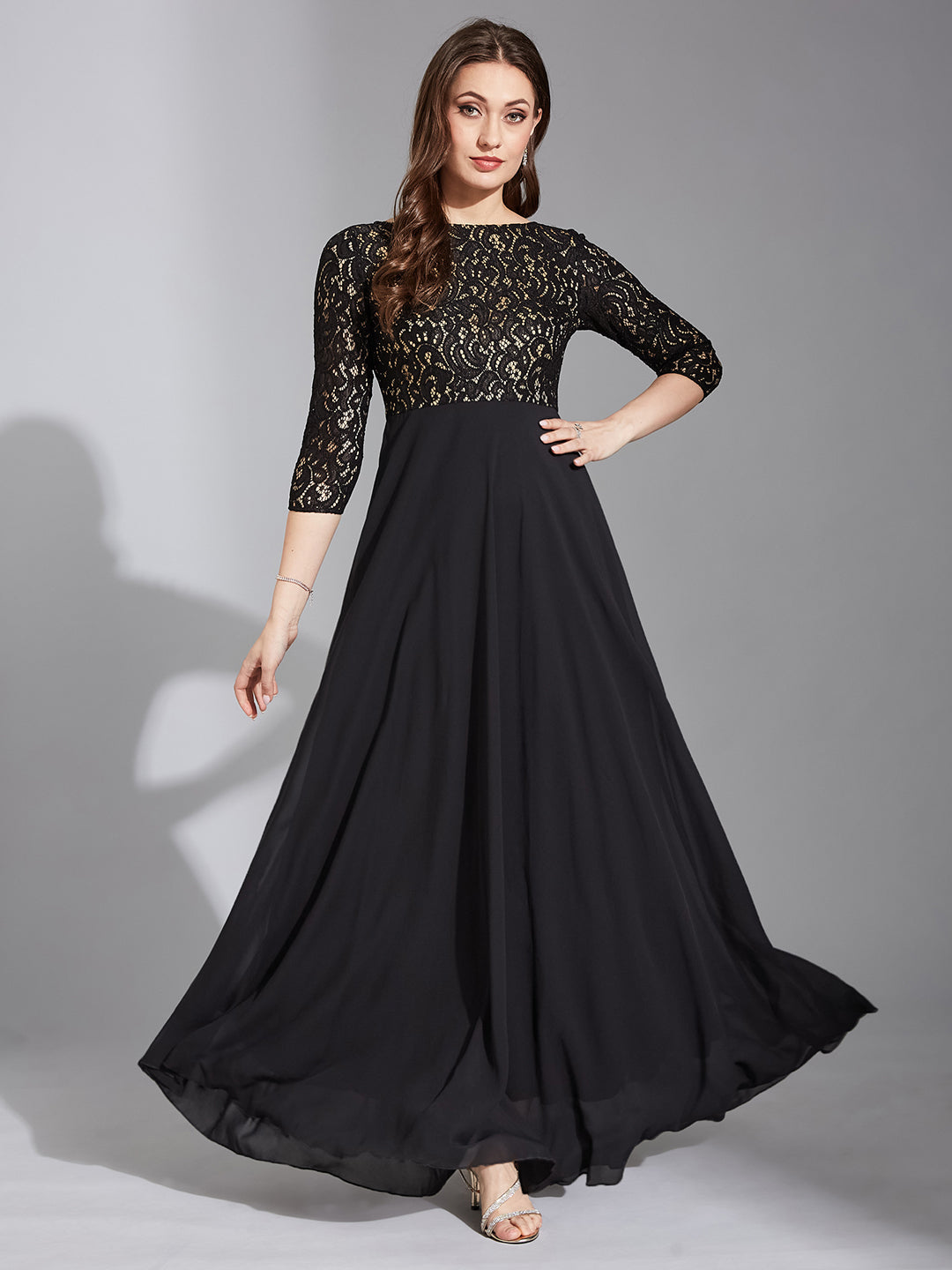Women's Black Self Design Boat Neck 3/4 Sleeves Side Pocketed Georgette Fit and Flare Maxi Length Dress