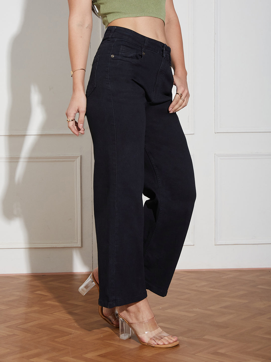 Women's Black Wide-Leg High Rise Clean Look Regular-Length Stretchable Denim Jeans