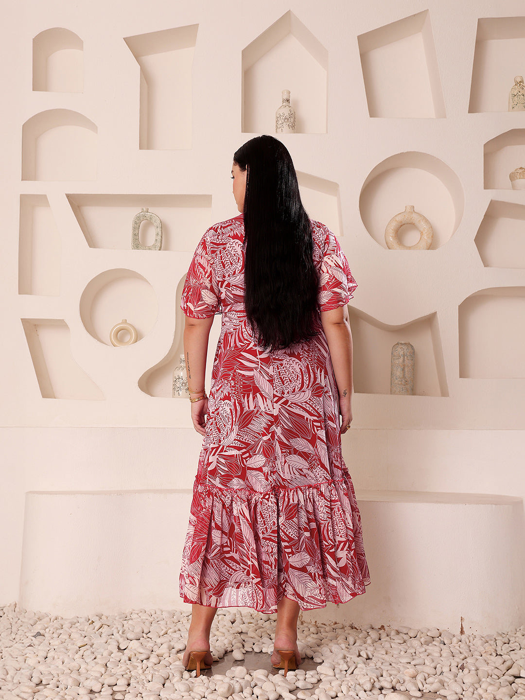 Maroon Floral Printed Flutter Sleeves Maxi Dress Long Dress Frock for Women