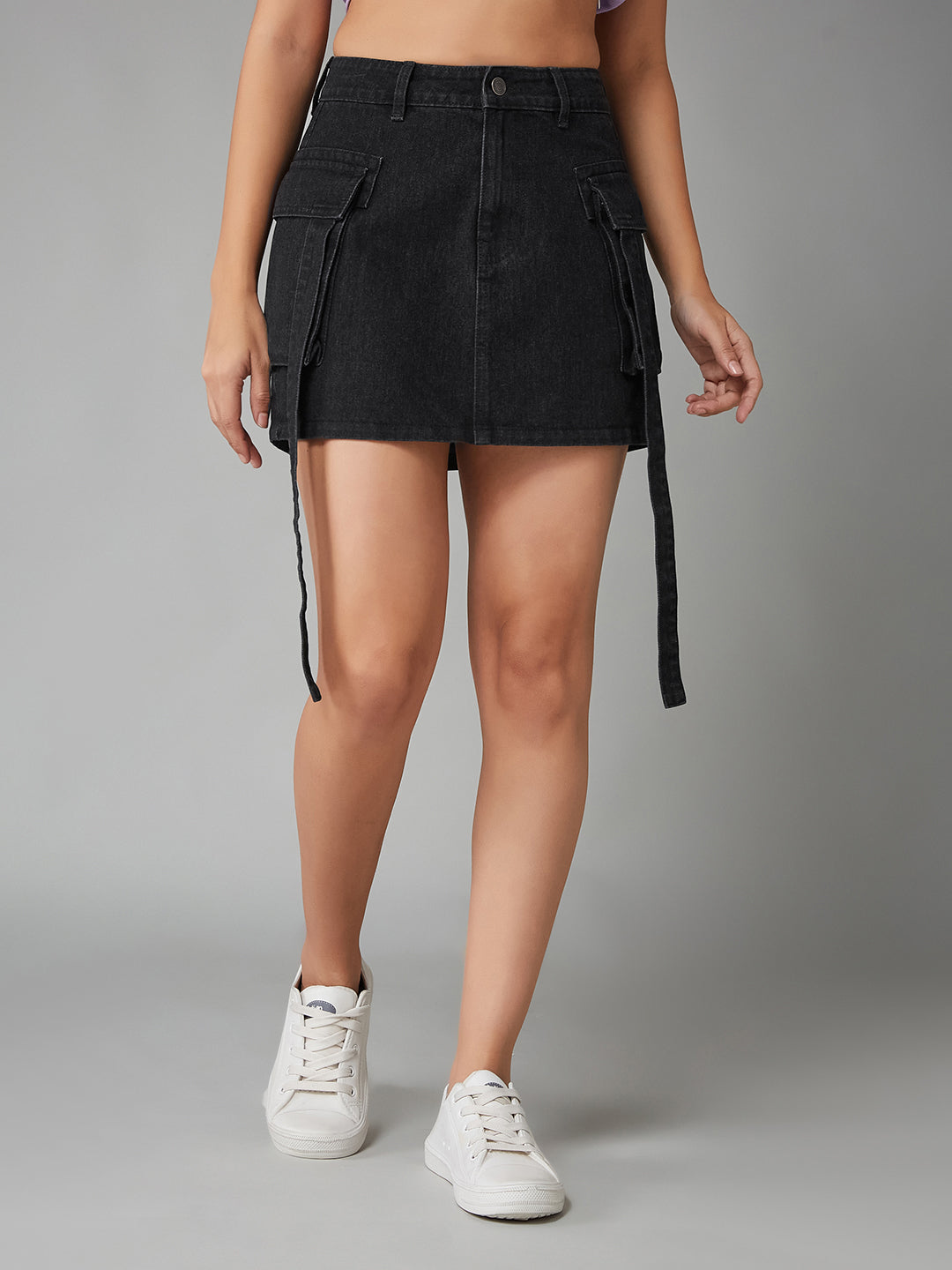 Women's Black Straight High-Rise Clean-Look Mini Denim Skirt