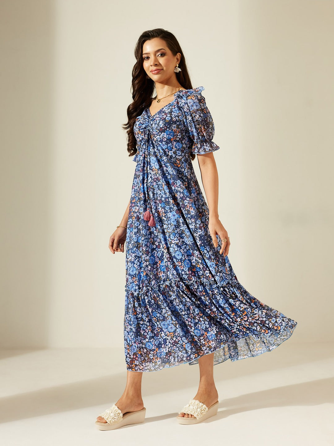 Navy Blue V-Neck Puff Sleeve Floral Ruching Ankle-Length Dress for Women