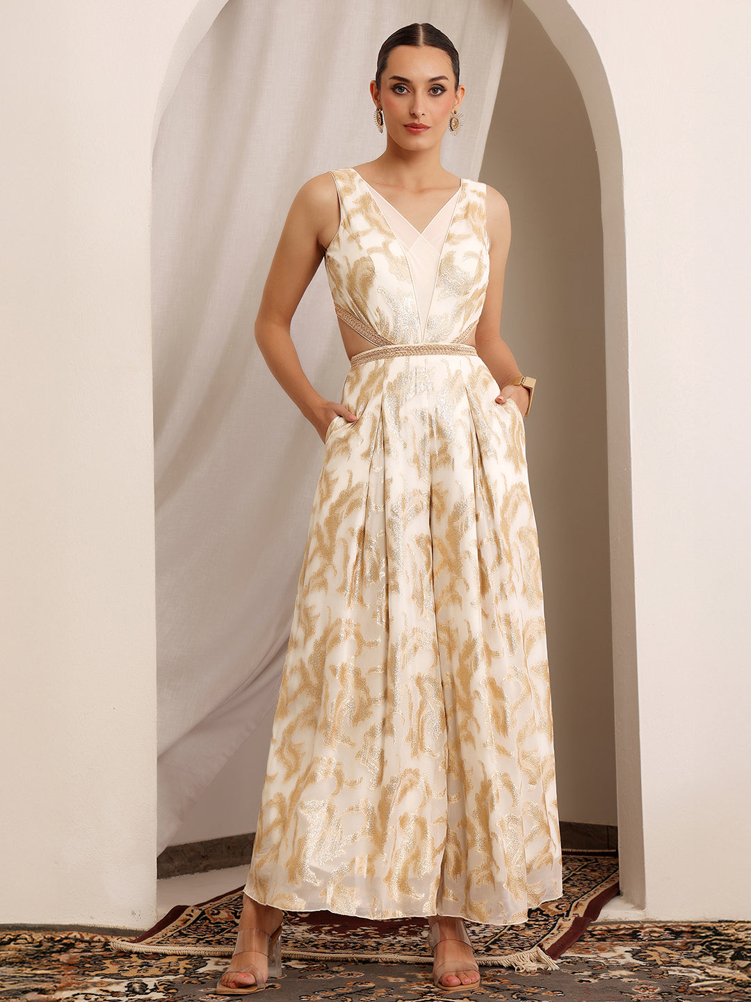 Women's Off White V-Neck Sleeveless Self-Designed Pleated Regular-Length Georgette Jumpsuit