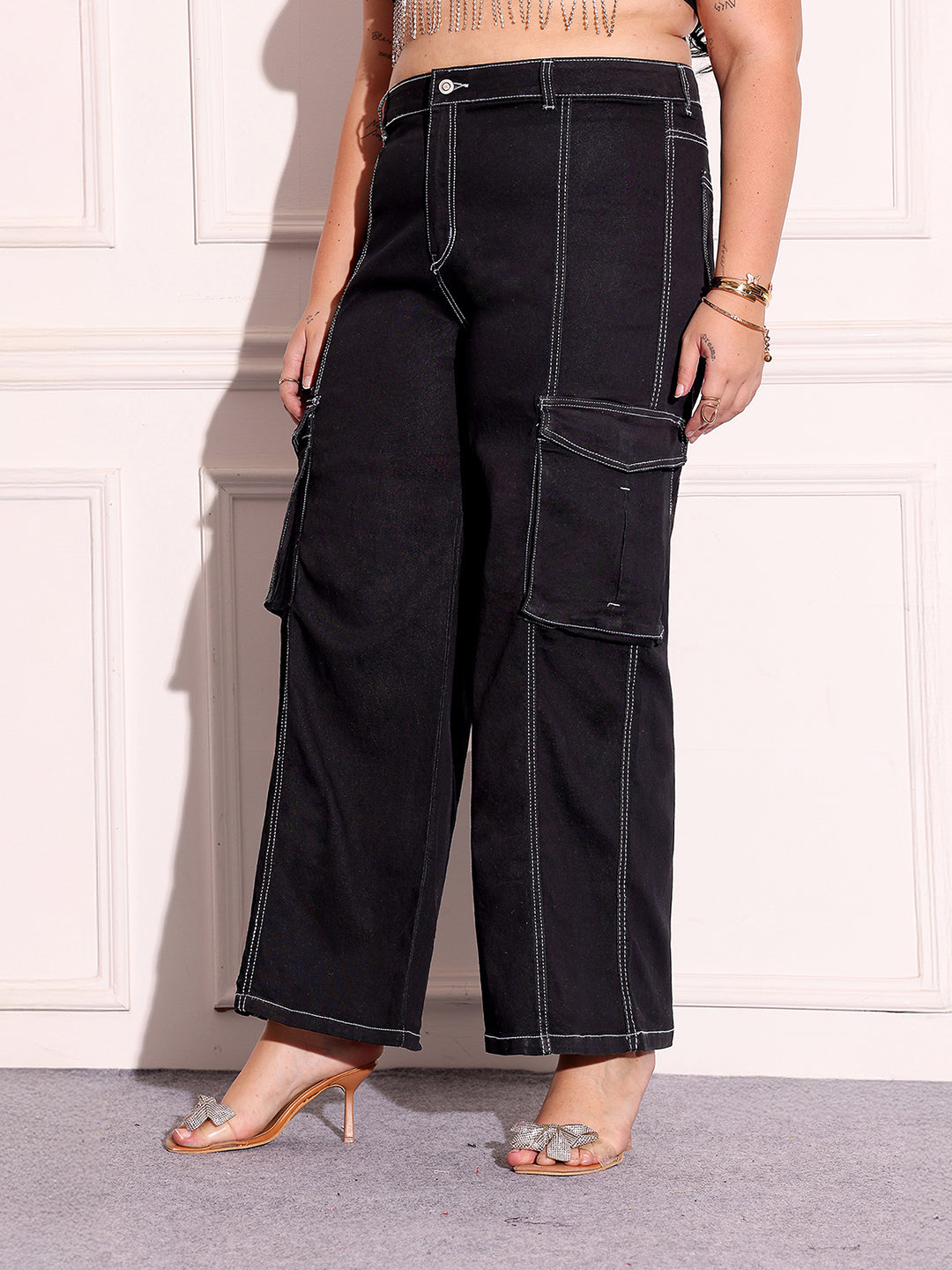 Women's Black Wide-Leg High-Rise Clean-Look Stretchable Patch-Pocketed Denim Jeans