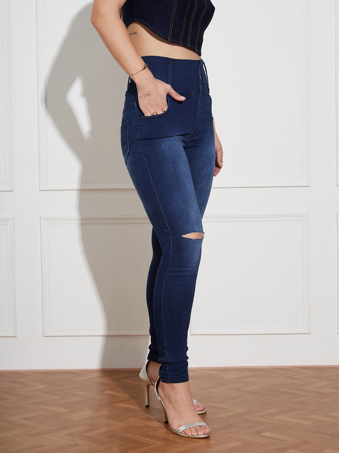 Women's Navy Blue Skinny Fit High Rise Clean Look Regular Length Double Knee Slit Stretchable High Waist Denim Jeans