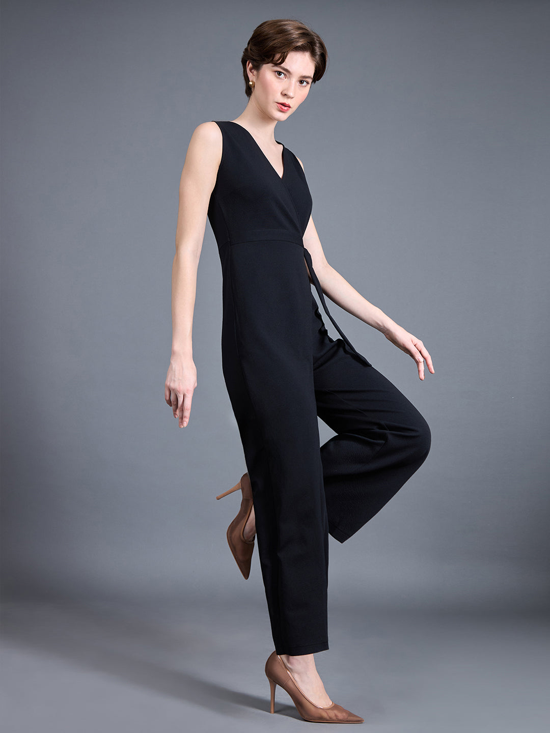 Women's Black V-Neck Sleeveless Solid Wrap Regular-Length Polyester Jumpsuit