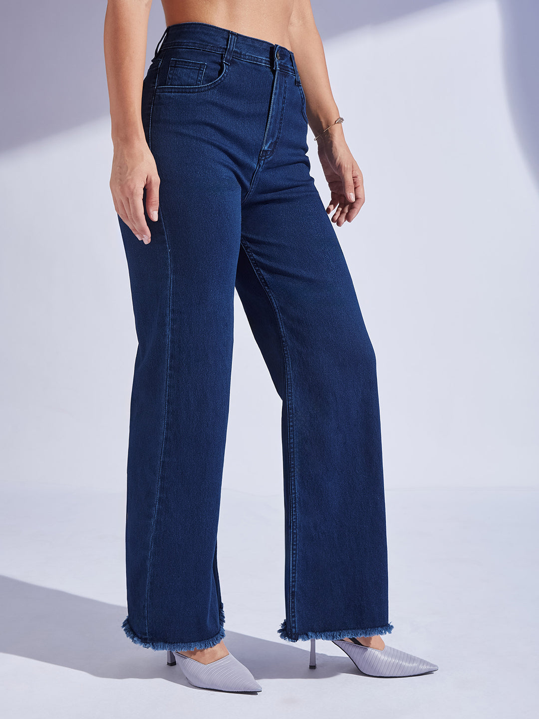Women's Navy Blue Wide-Leg High-Rise Clean-Look Regular-Length Stretchable Denim Jeans