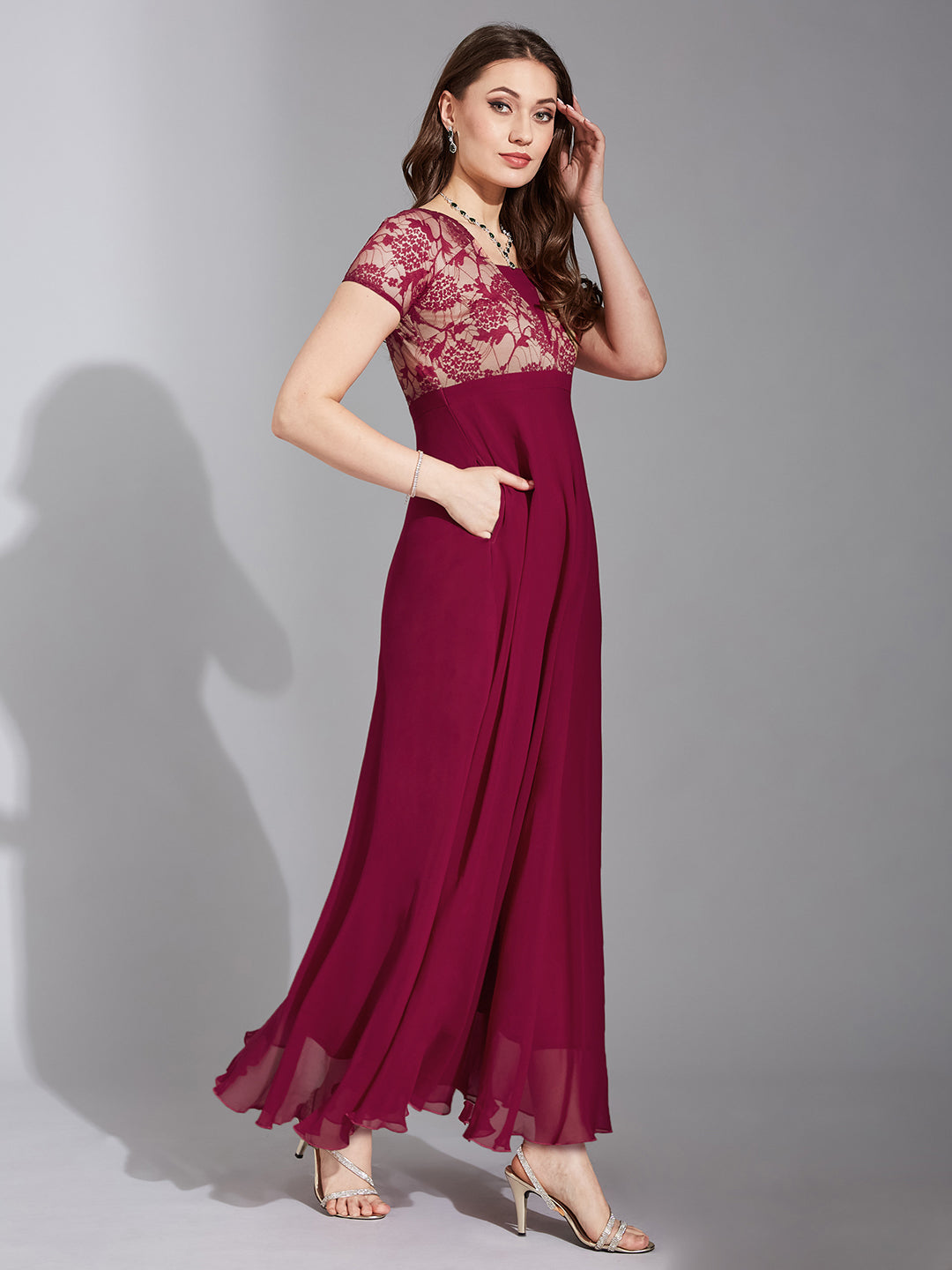 Women's Dark Pink Square Neck Raglan Short Sleeve Self Design Lace Overlaid Georgette Maxi Dress