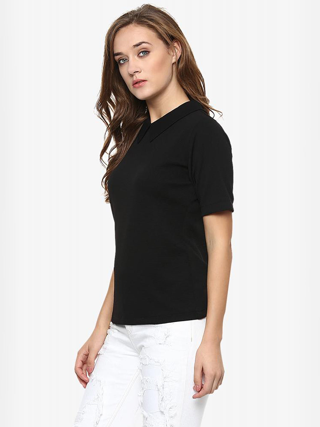 Women's Black Solid Short Sleeve Round Neck Collared Tops