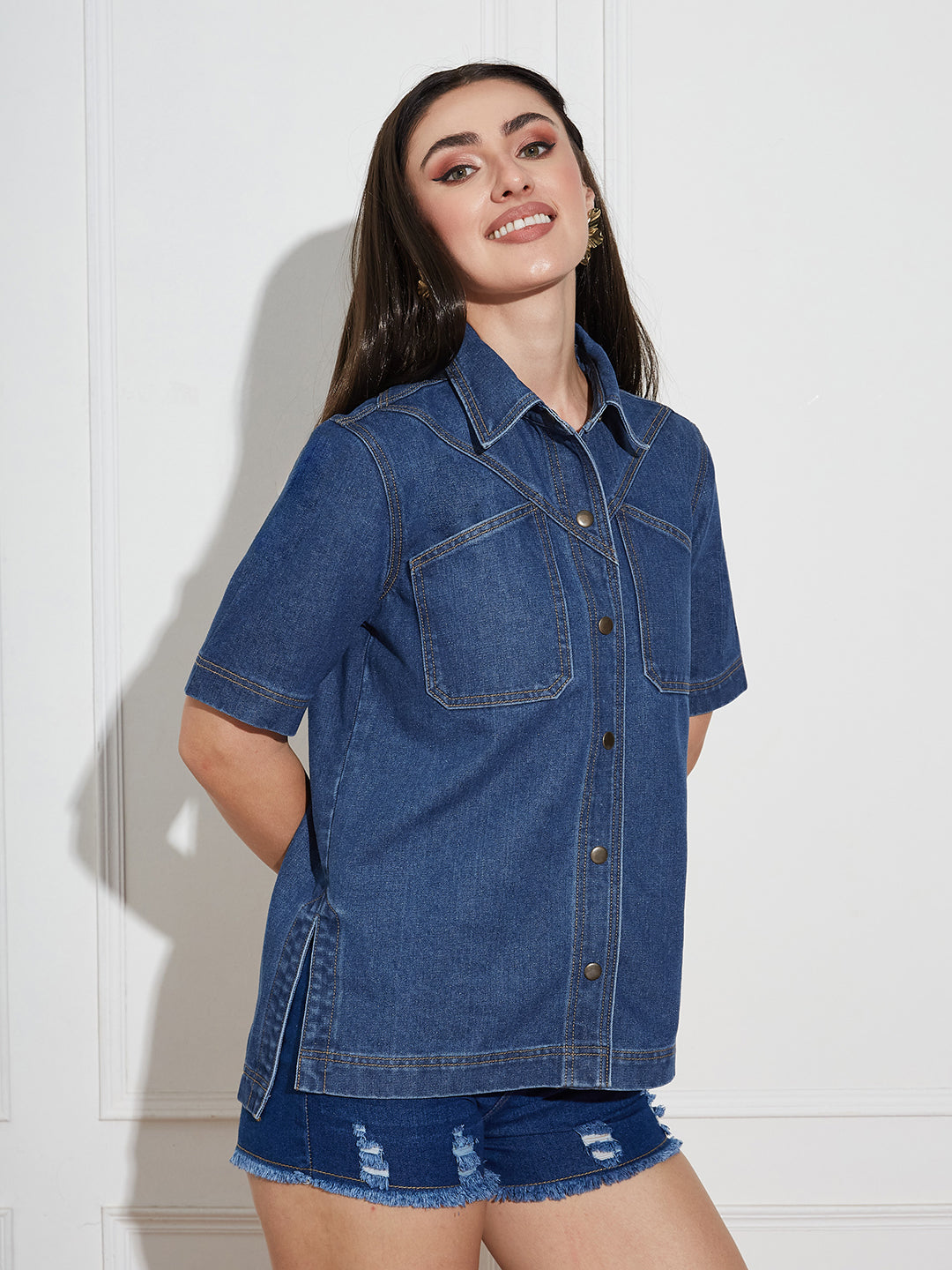 Women's Navy Blue Boxy Denim Shirt – Half Sleeves, Collared, Relaxed Fit