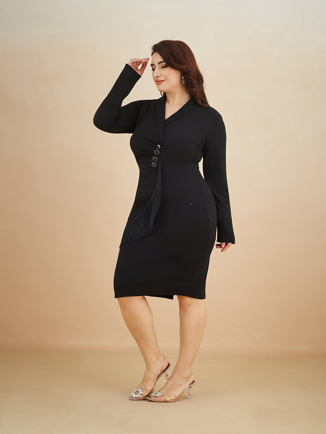 Black Solid Collared Neck Full Sleeve Polyester Bodycon Knee Length Dress for Women