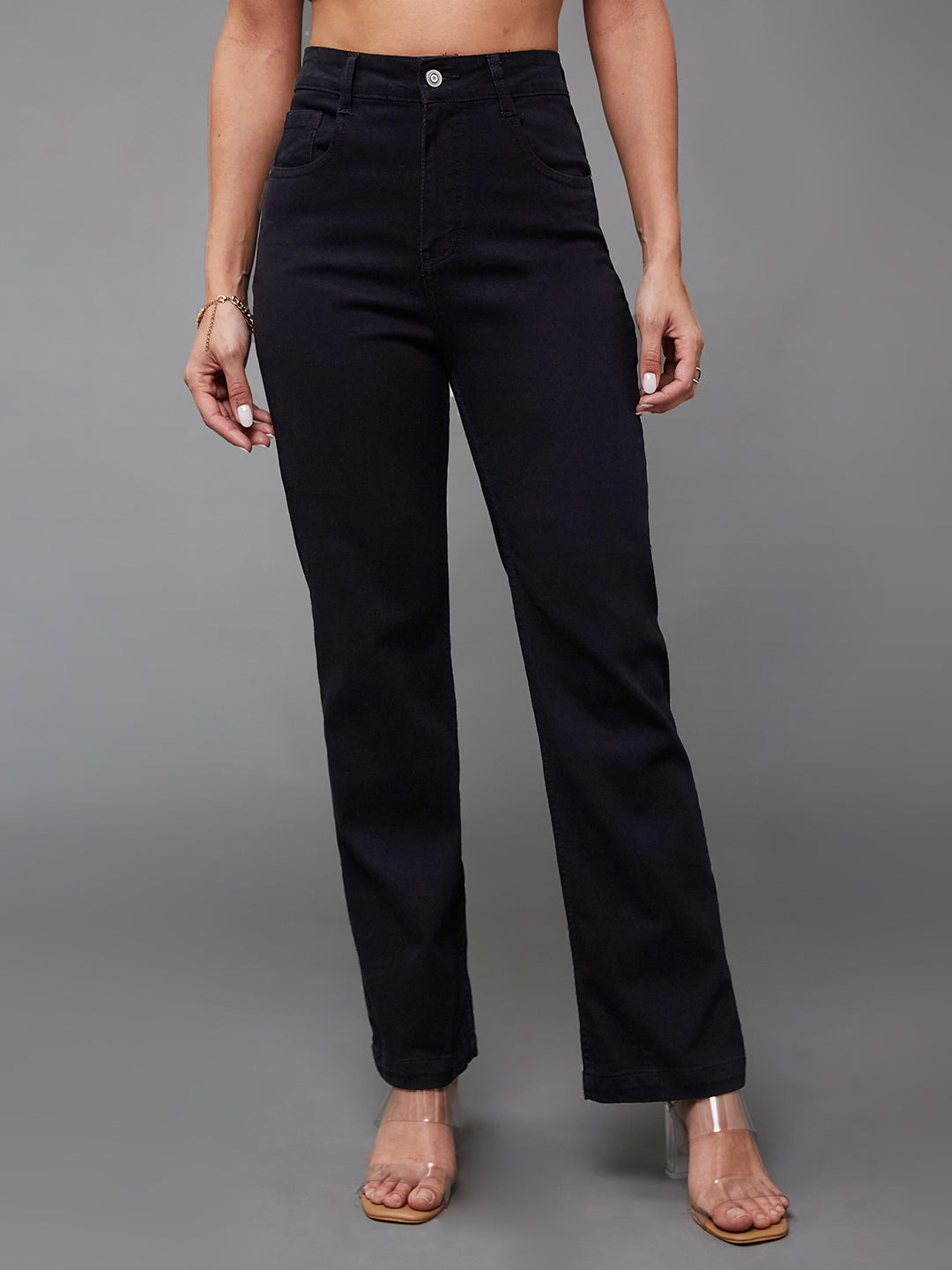 Women's Black Straight High Rise Clean Look Regular-Length Stretchable Denim Jeans