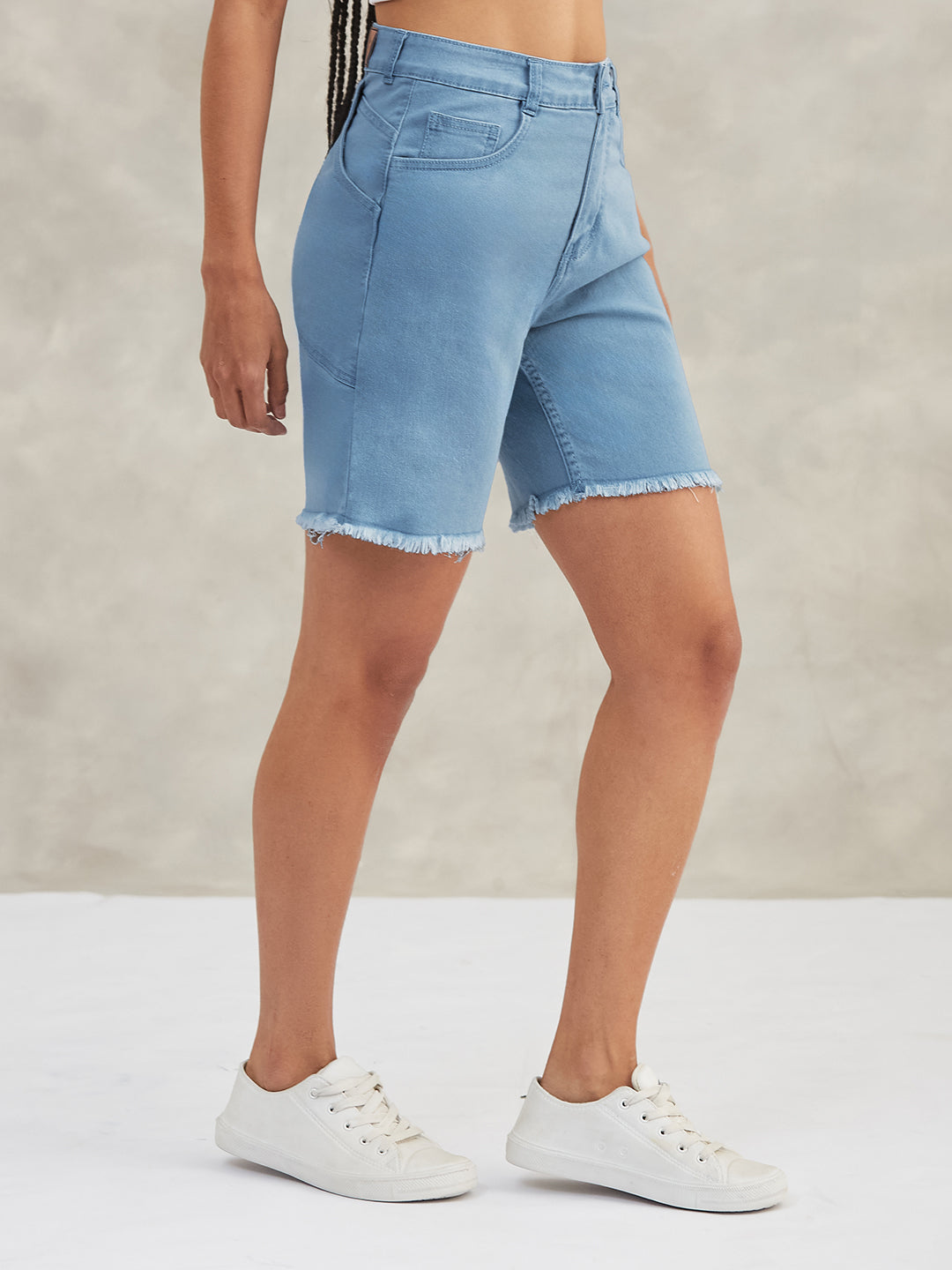 Women's Light Blue High-Rise Above-Knee Stretchable Denim Shorts