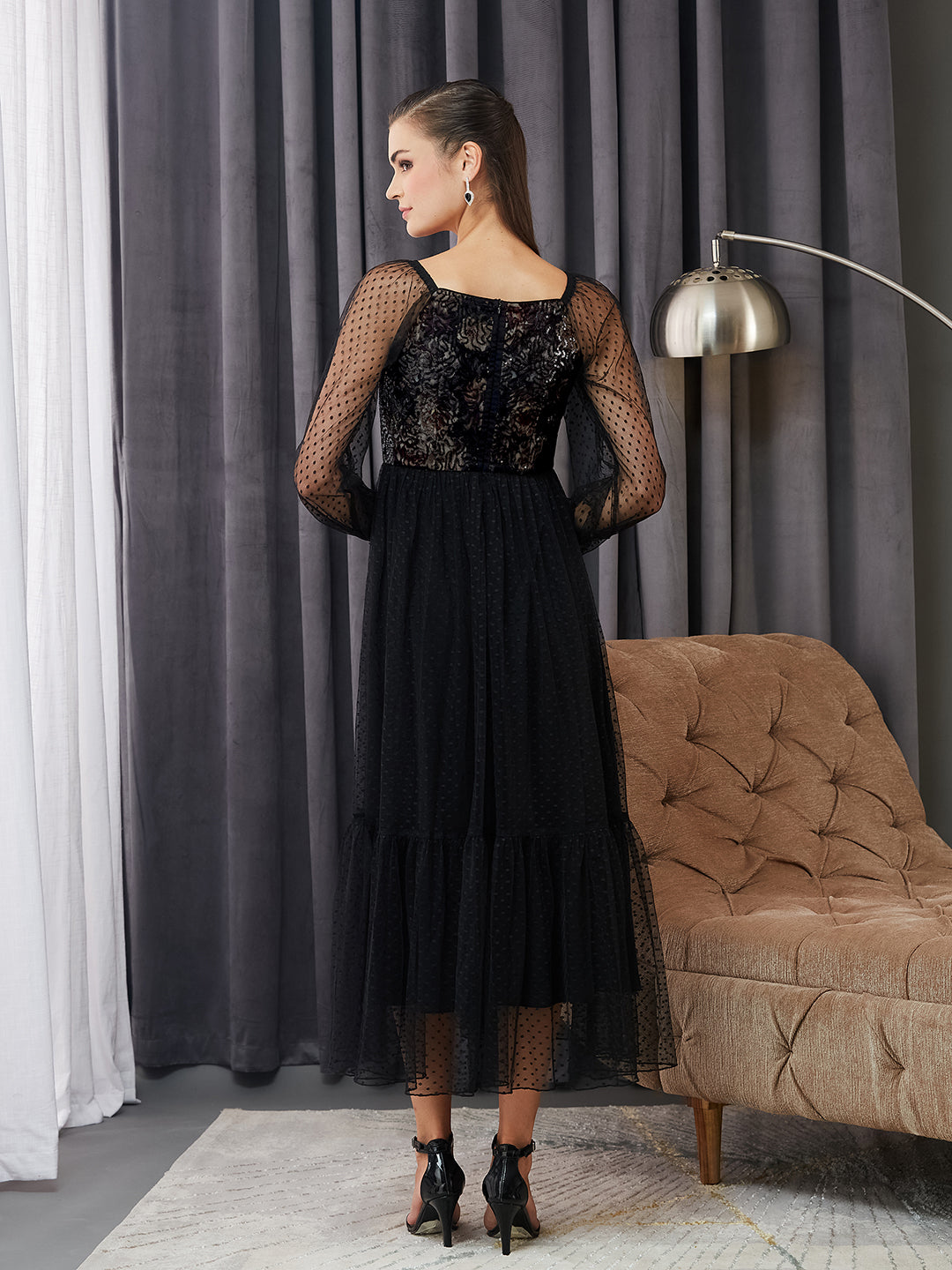 Women's Black Square Neck Raglan Sleeve Floral Tiered Midi Dress