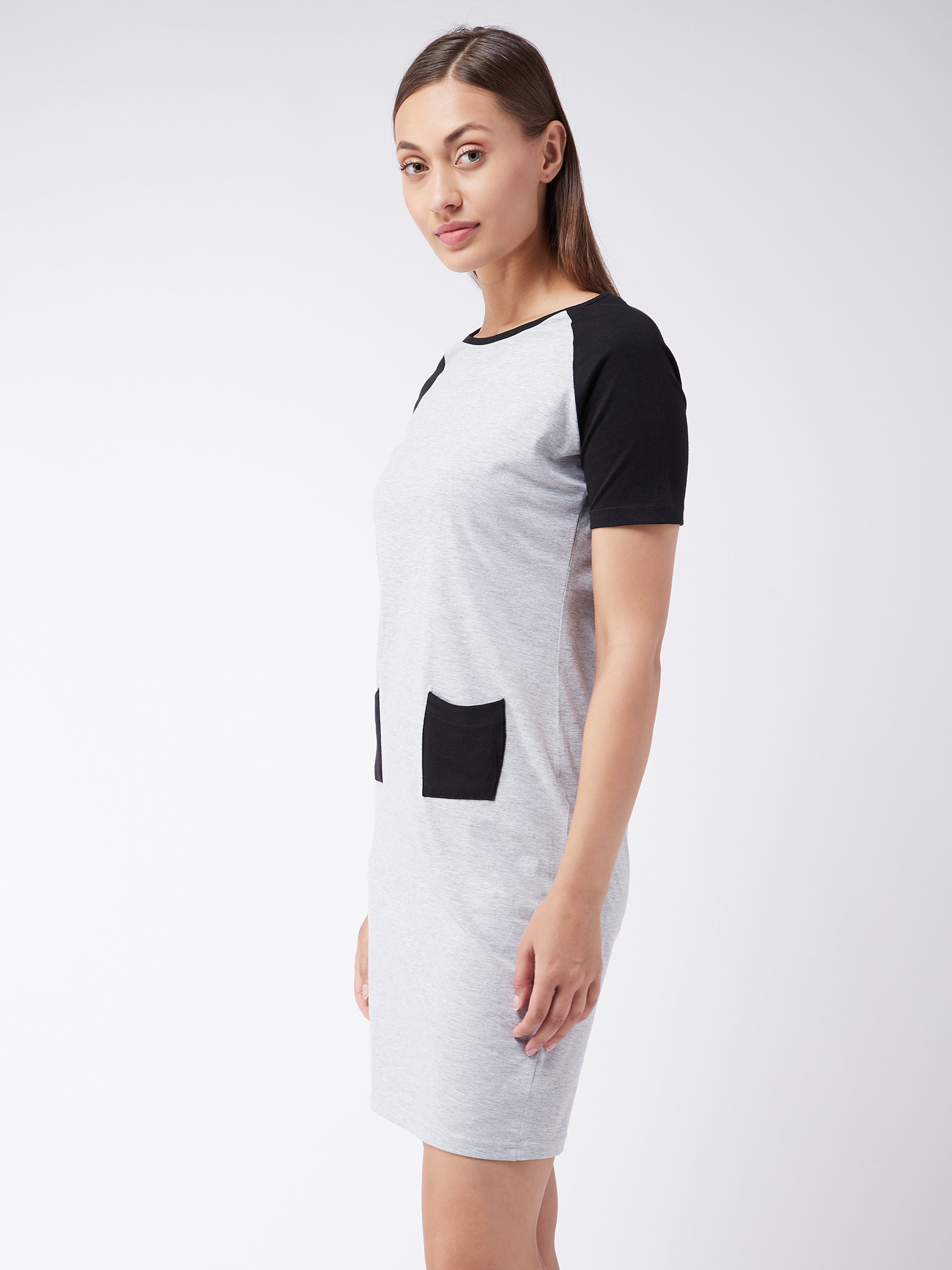 Women's Gray Cotton Solid Knee-Length Round Neck Short Sleeves Loungewear Dress