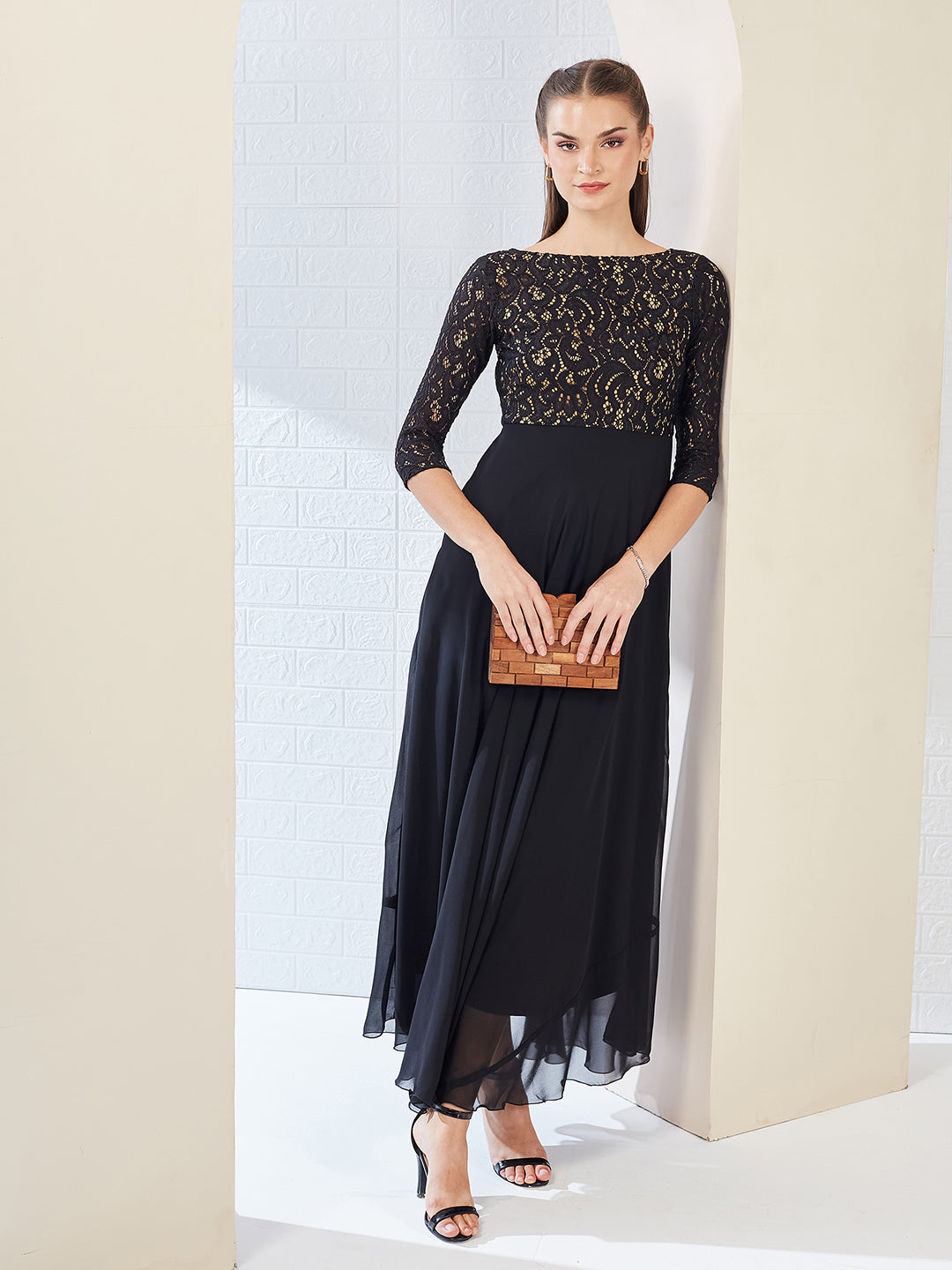 Black Self Design Boat Neck 3/4 Sleeves Side Pocketed Georgette Fit and Flare Maxi Length Dress for Women