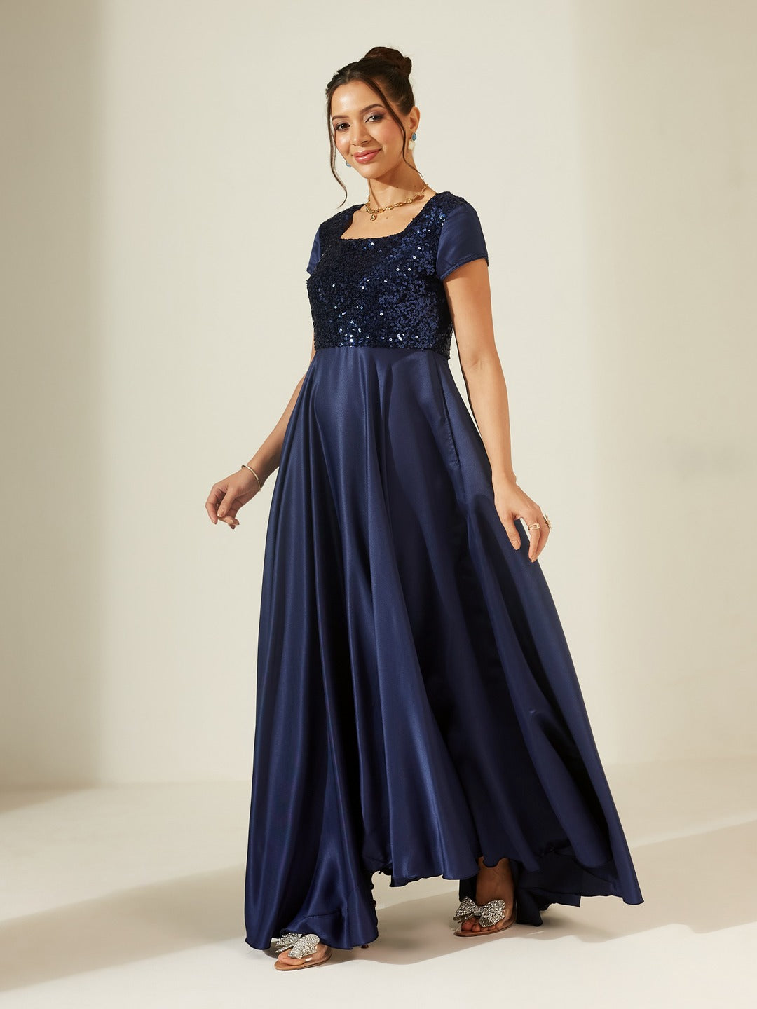 Navy Blue Square Neck Short Sleeve Embellished Polyester Fit & Flare Maxi Dress for Women